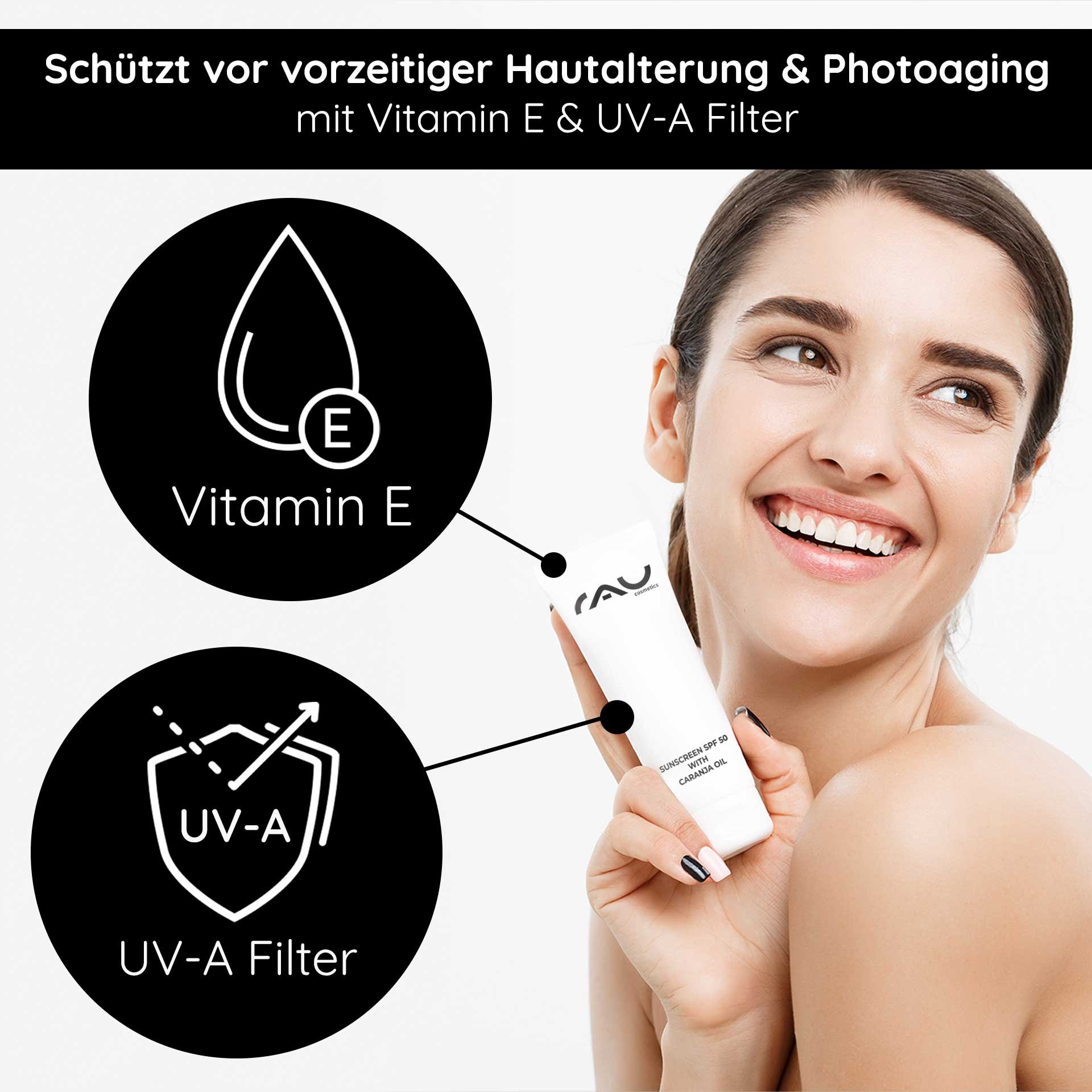Sonnenschutzprodukt mit Lichtschutzfaktor 50, Vitamin E und UV-A-Filter, gehalten von einer lächelnden Frau, die die Vorteile der Anti-Aging-Hautpflege demonstriert.
