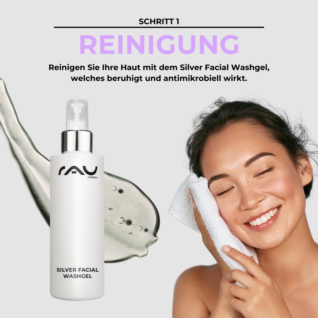 Femme au sourire éclatant se nettoyant le visage avec le RAU Silver Facial Washgel pour apaiser et nettoyer la peau atopique.