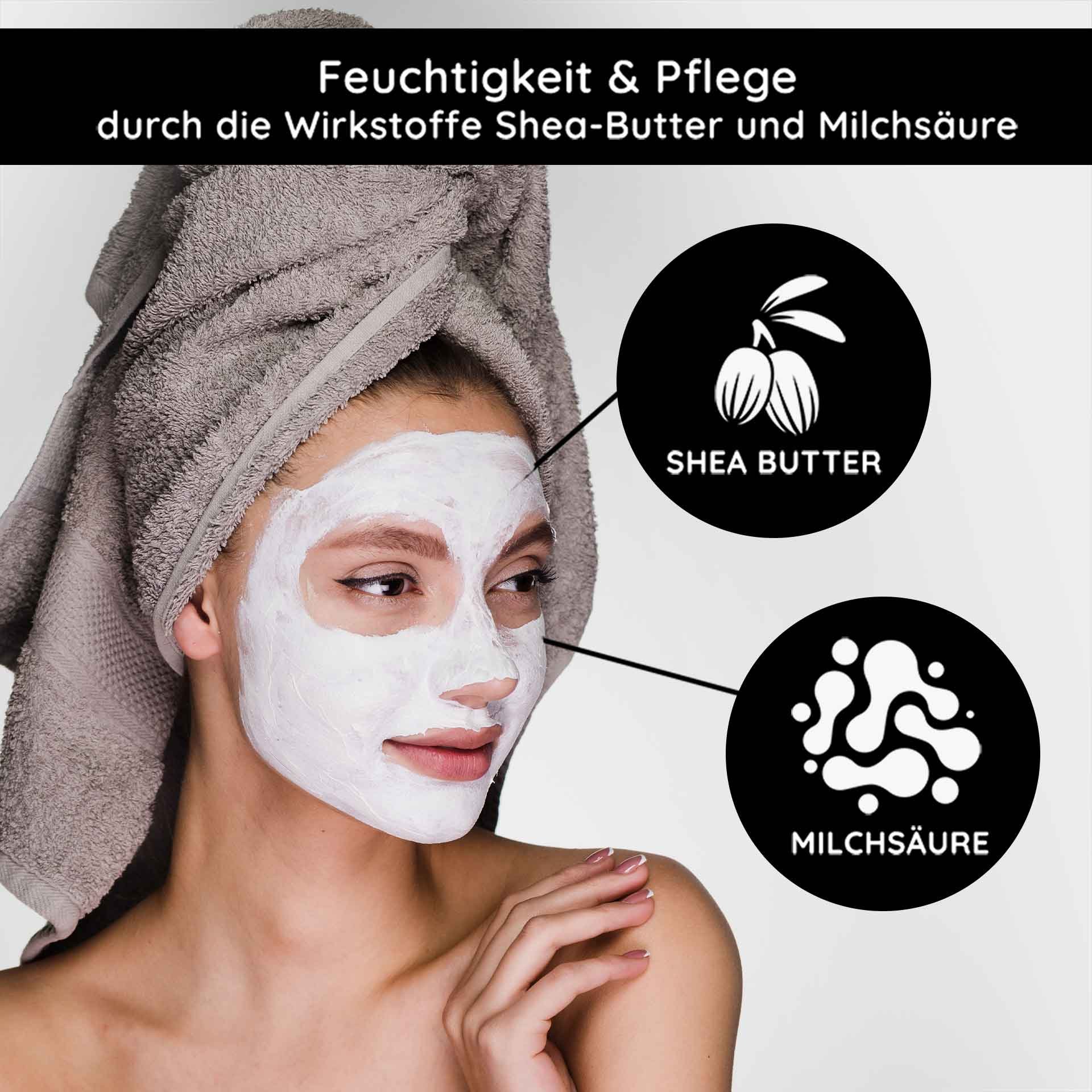 Femme avec un masque facial à la terre médicinale, entourée de symboles de beurre de karité et d'acide lactique, soulignant les propriétés hydratantes et nourrissantes du Mineral Mask de RAU Cosmetics.