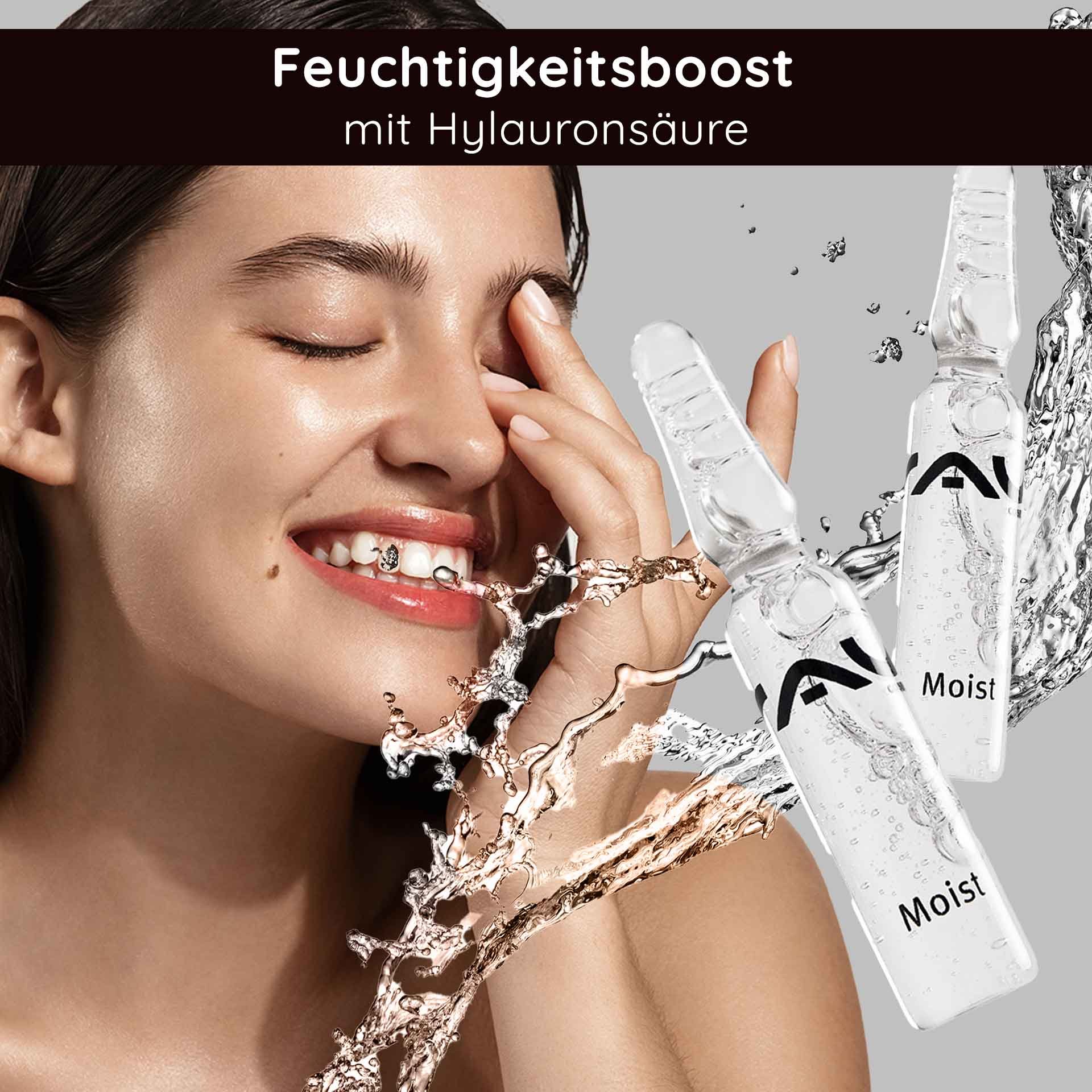 Ampoules Moist de RAU Cosmetics – Sérum hydratant en ampoules de verre, emballé dans une boîte avec applicateur, idéal pour les peaux sèches et matures.