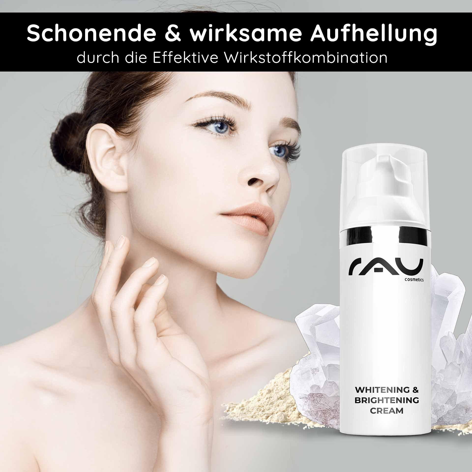 Femme à la peau lisse et au toucher doux du visage, présentant la RAU Cosmetics Whitening & Brightening Cream avec des ingrédients tels que le niacinamide, sur fond clair.