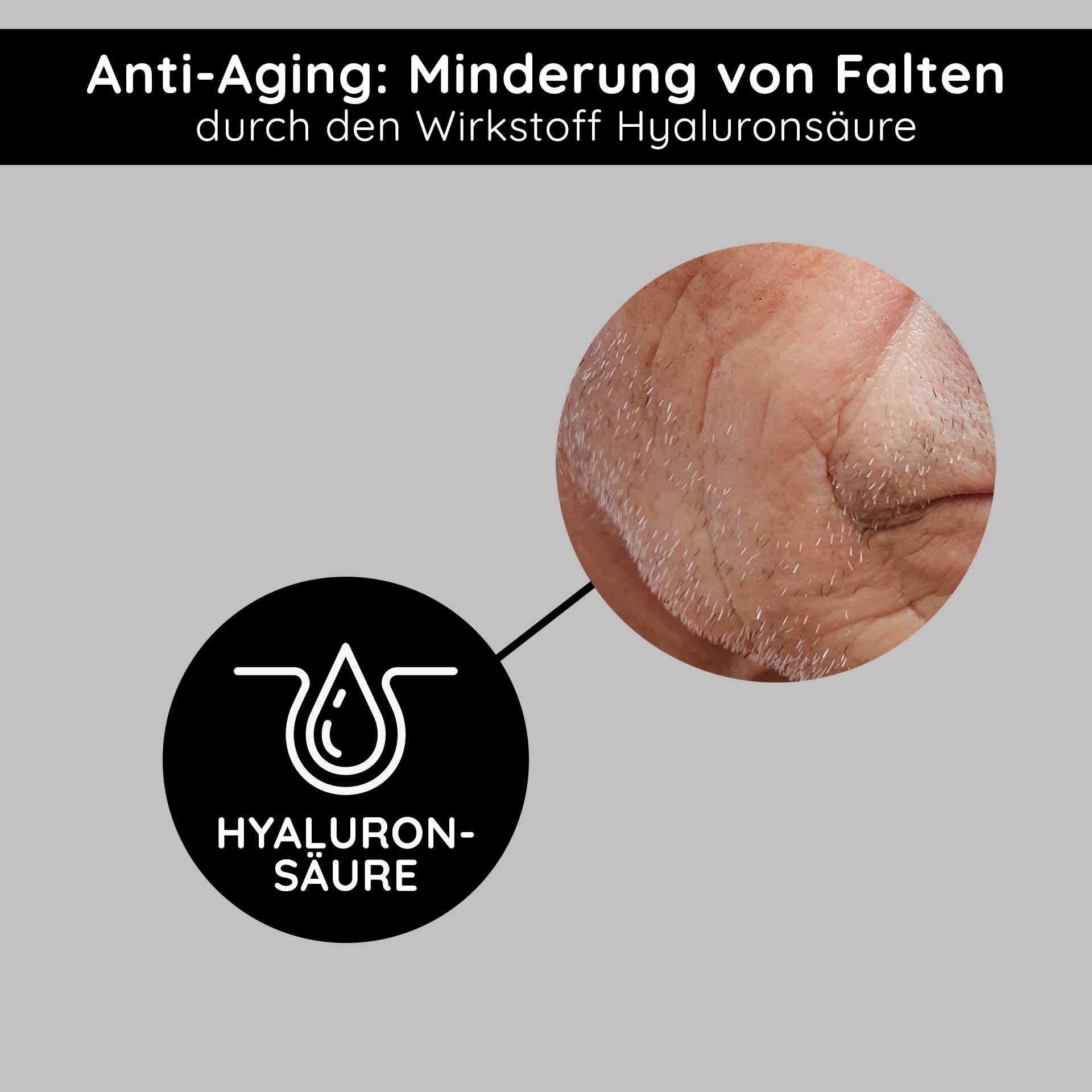 Hyaluron pour hommes : un gros plan sur la peau montre l'effet repulpant pour la réduction des premières ridules.