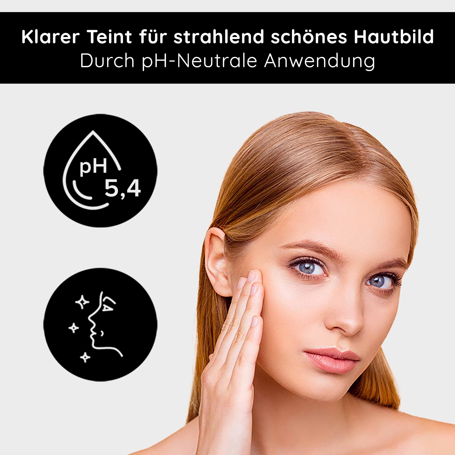 Femme au teint lisse appliquant un soin du visage, avec des symboles pour le pH de 5,4 et un aspect de peau radieux, correspondant au Beyond Herbal Tonic de RAU Cosmetics pour peaux sensibles.