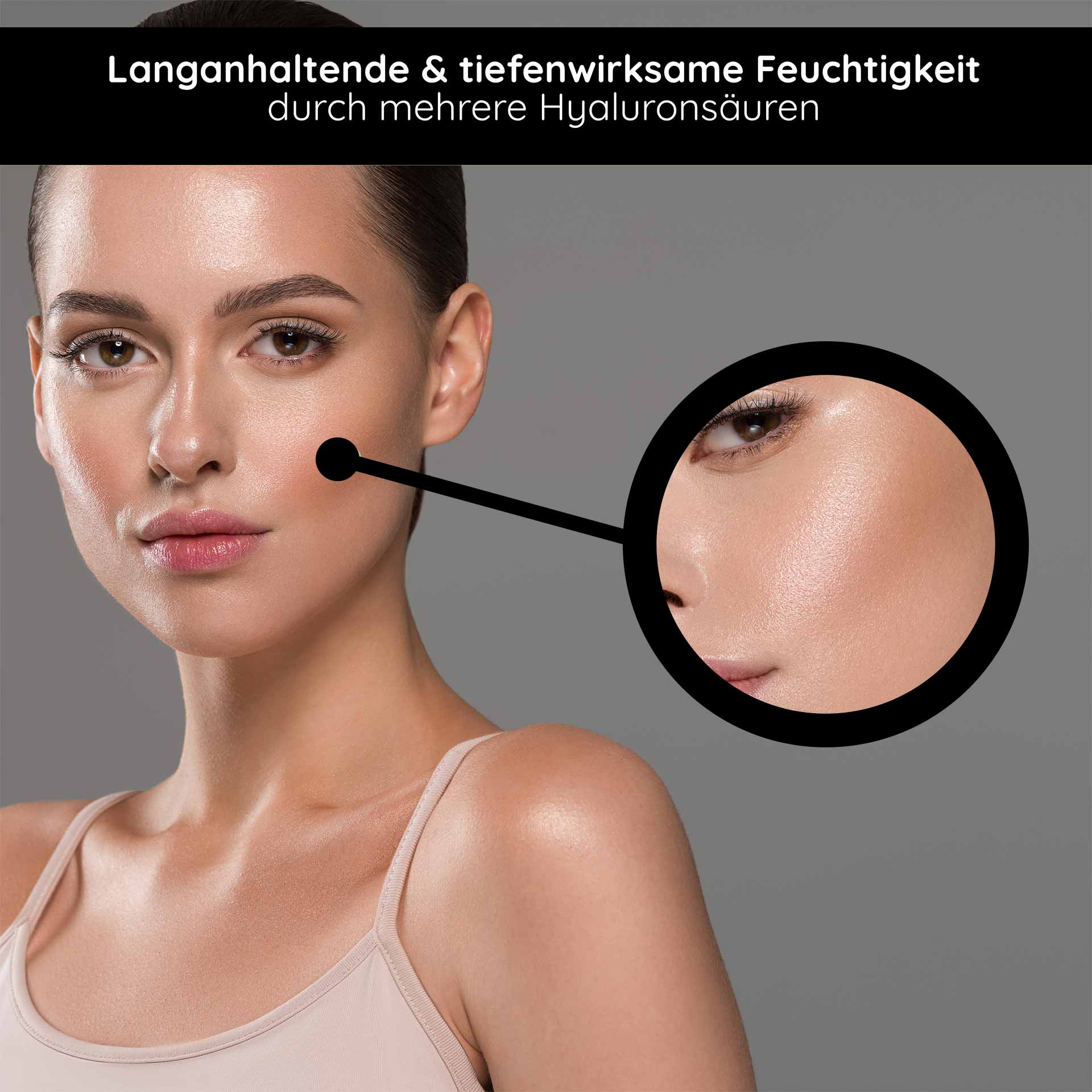 Crème Hyaluron 24h 50 ml Crème de soin Hyaluron Frau mit strahlender Haut und betontem Wangenbereich, hervorgehoben durch Nahaufnahme, die die feuchtigkeitsspendenden Eigenschaften der Hyaluron 24h Creme von RAU Cosmetics zeigt.