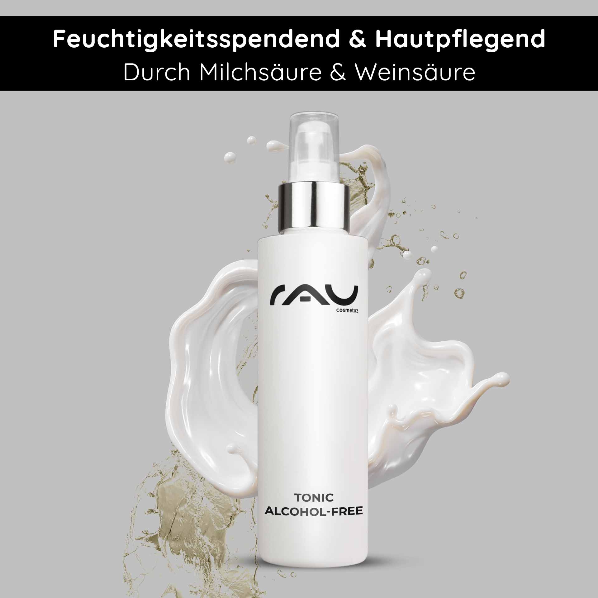 Tonique sans alcool 200 ml à l'extrait d'ortie Alkoholfreies Tonic-Flakon von RAU Cosmetics mit Brennnesselextrakt, feuchtigkeitsspendend und hautpflegend, umgeben von Flüssigkeitsspritzern, betont sanfte Gesichtspflege für empfindliche und trockene Haut.