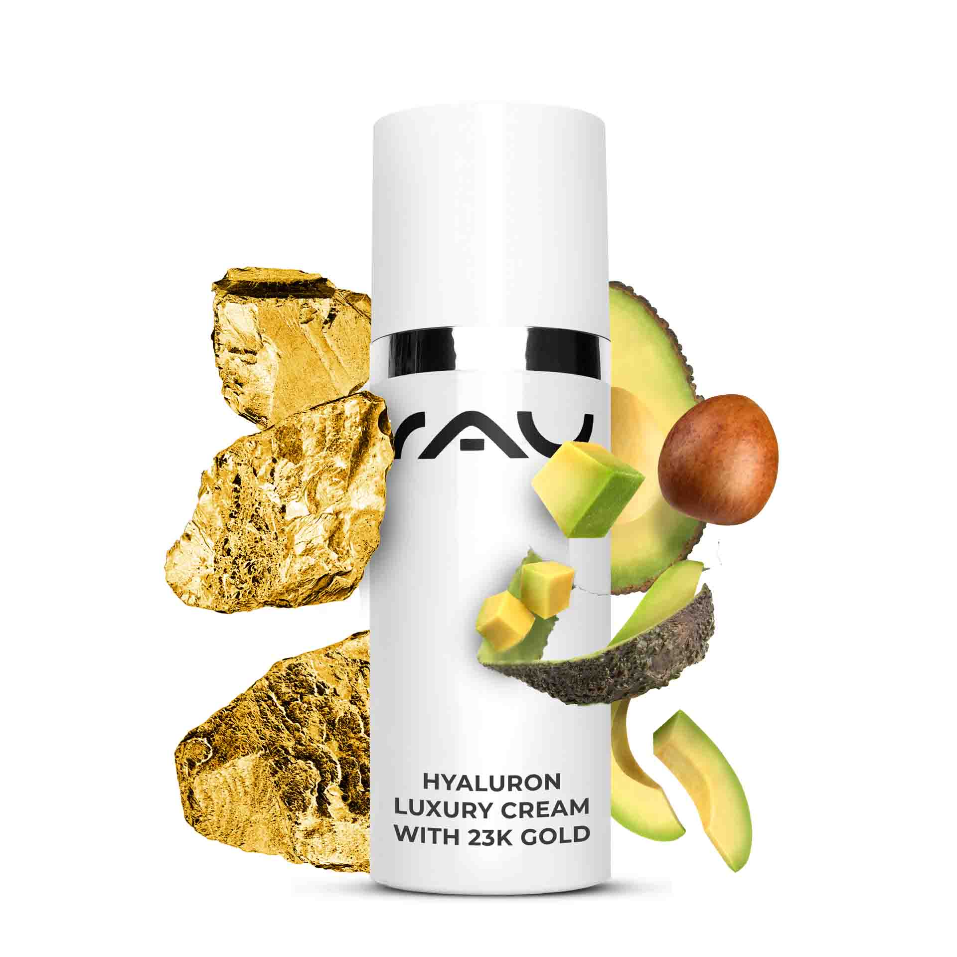 Hyaluron Luxury Cream with 23k Gold 50 ml Crème anti-âge Hyaluron-Luxuscreme mit 23 Karat Gold, mit Goldpartikeln und Avocado, fördert die Feuchtigkeitsversorgung und hat Anti-Aging-Vorteile, ideal für trockene Haut, von RAU Cosmetics.