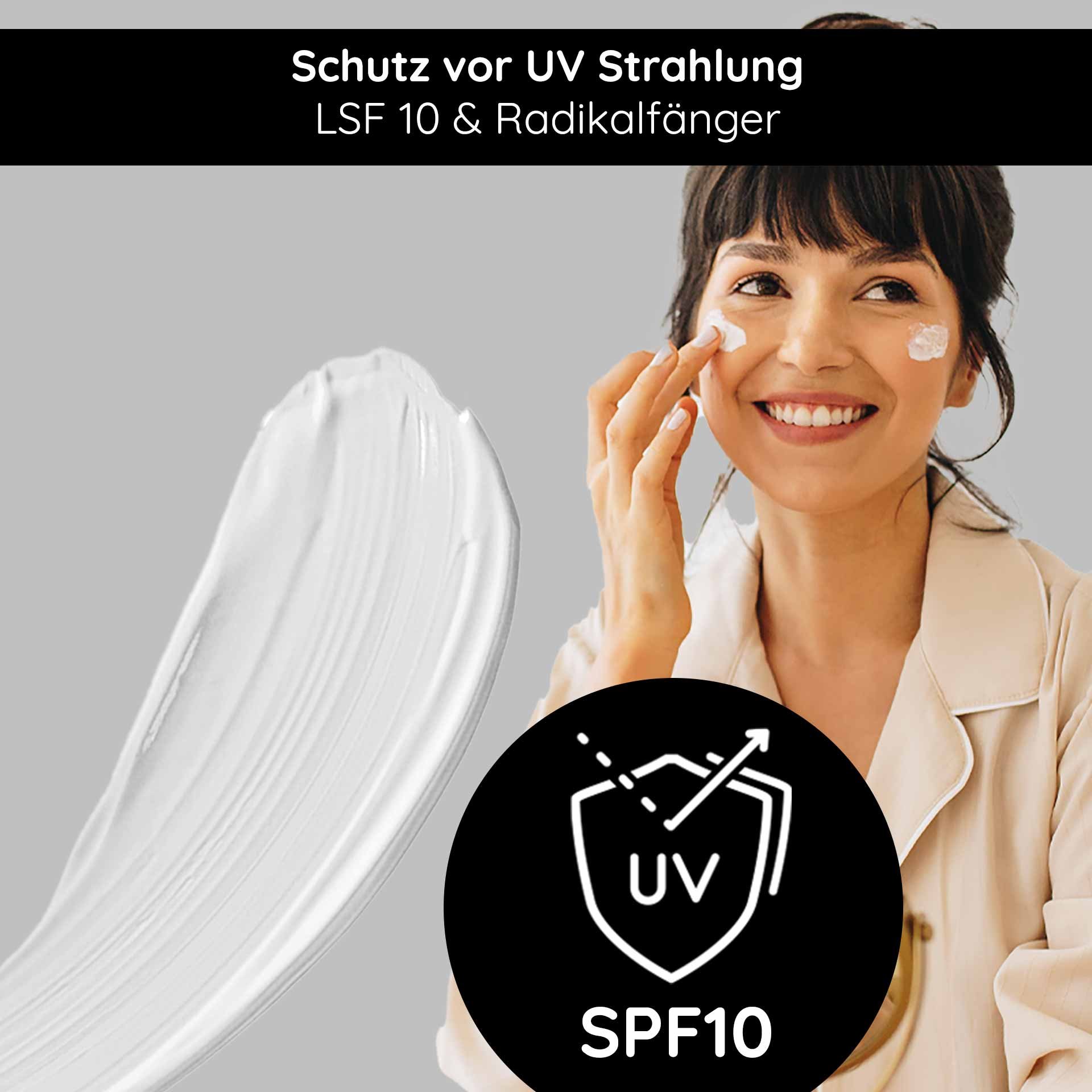 Application de la Hyaluron Cream SPF 10 : une femme souriante applique la crème de jour protectrice, qui protège des rayons UV et est idéale pour les peaux sèches.