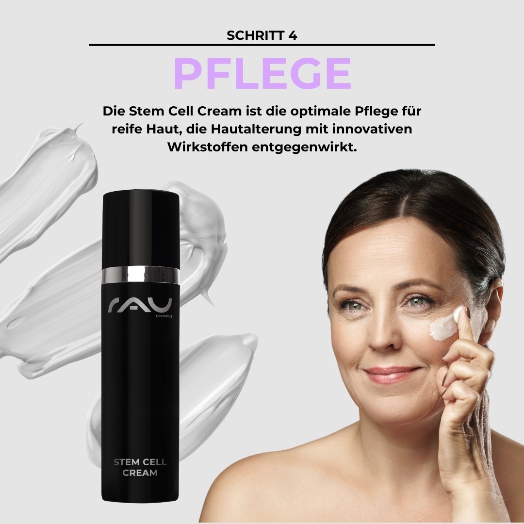Femme à la peau mature appliquant la Stem Cell Cream de RAU Cosmetics pour contrer le vieillissement cutané, entourée de textures crémeuses douces.
