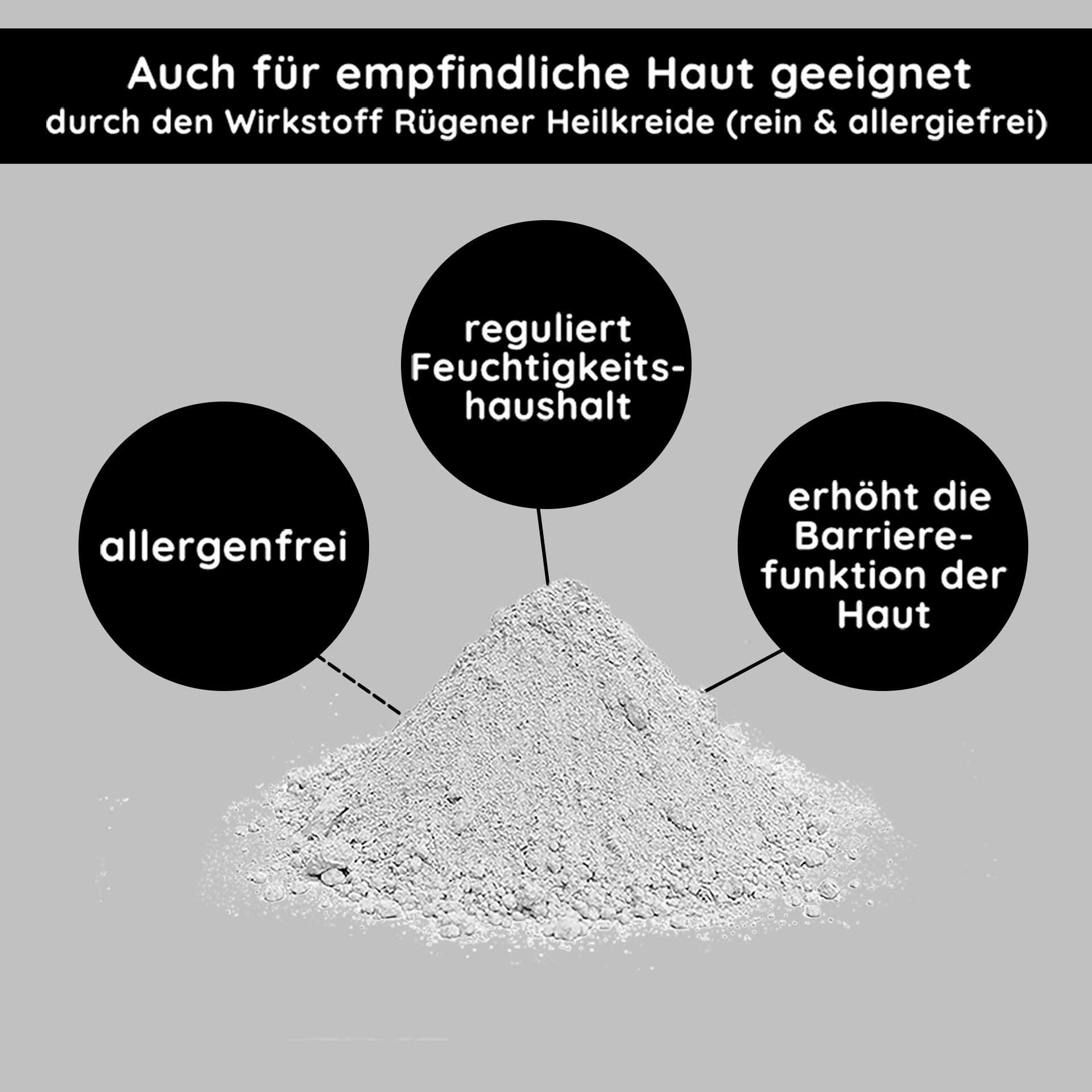 Die Inhaltsstoffe der Mineralmaske heben die Vorteile von Rügener Heilerde für empfindliche Haut hervor, regulieren den Feuchtigkeitshaushalt und stärken die Barrierefunktion der Haut.