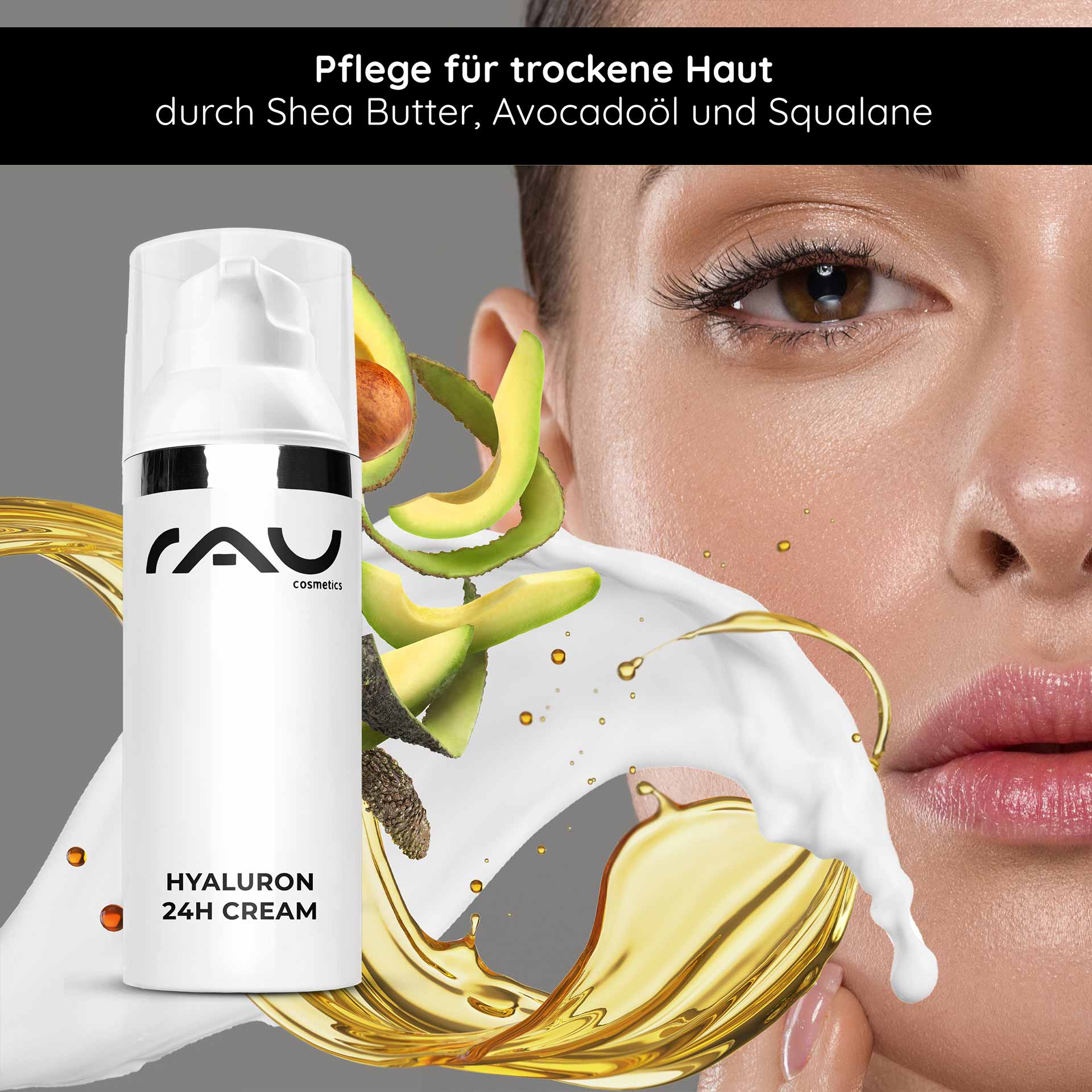 Crème Hyaluron 24h 50 ml Crème de soin Hyaluron Flasche RAU Hyaluron 24h Creme mit Sheabutter, Avocadoscheiben und flüssigem Gold auf dem Gesicht einer Frau, betont die Feuchtigkeitsversorgung trockener Haut.