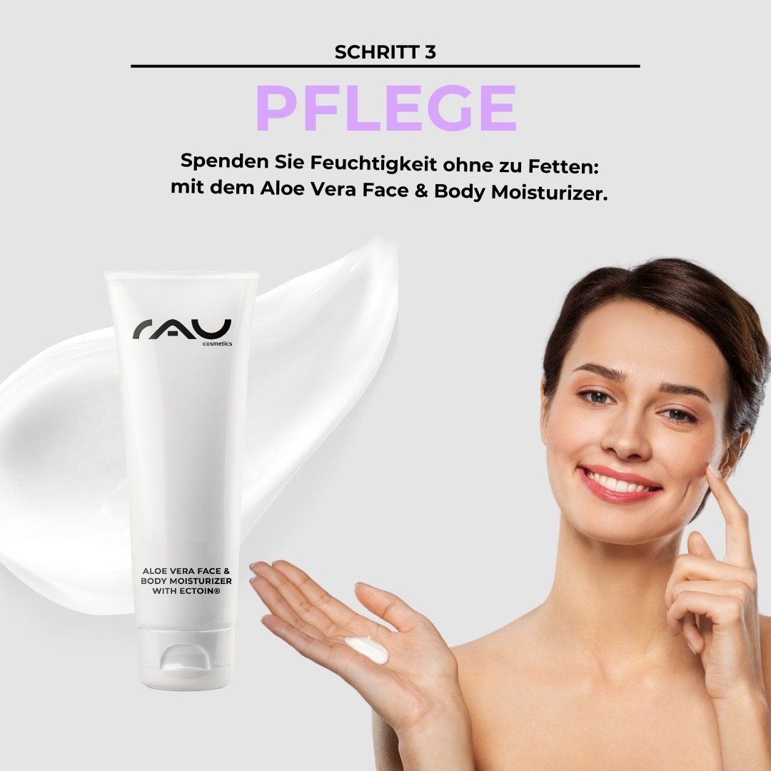 Crème hydratante aloe vera pour visage et corps de RAU Cosmetics, une femme applique la crème hydratante, étape 3 de la routine de soin pour peaux mixtes, mettant l'accent sur l'hydratation sans graisser.