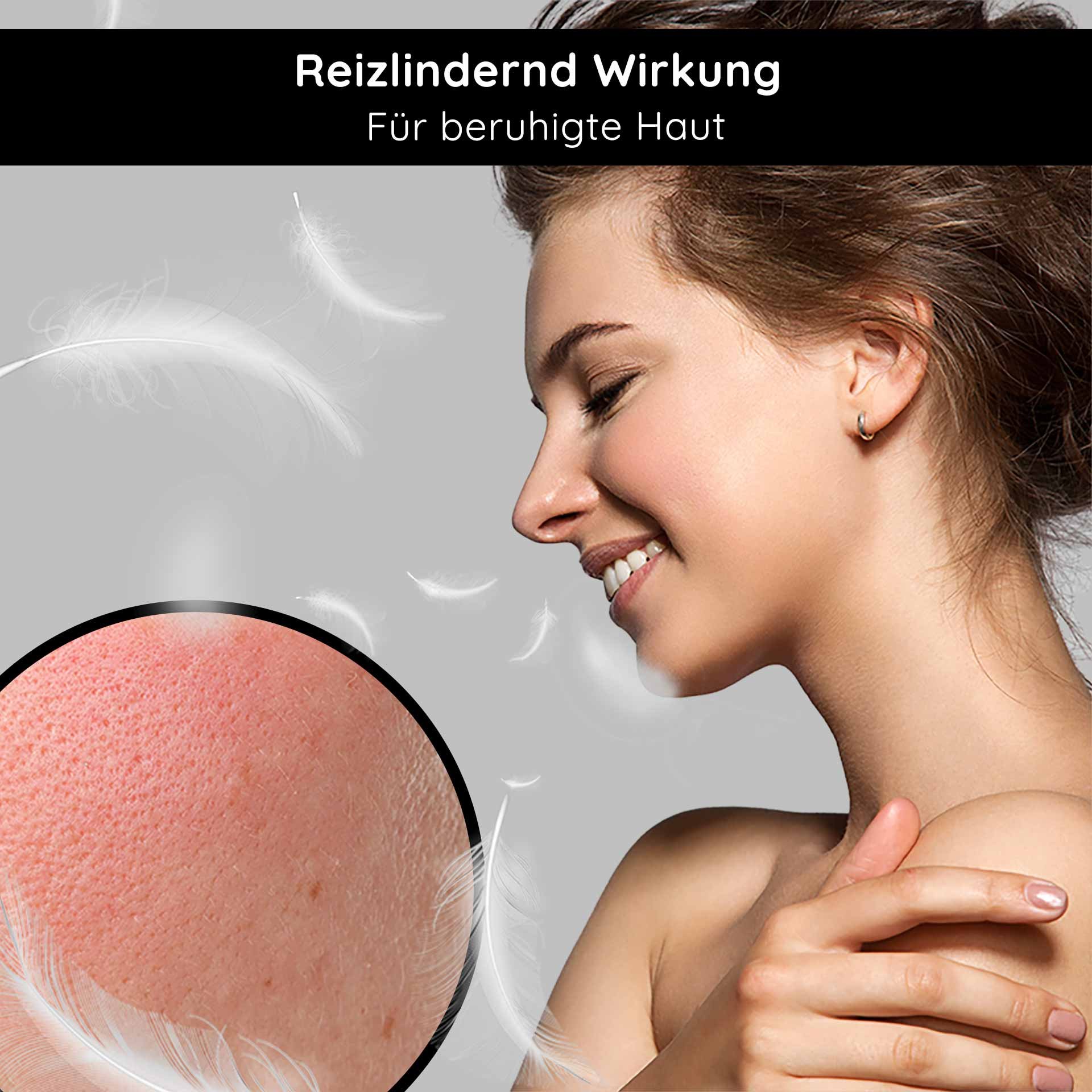 Femme à l'effet apaisant avec une peau calmée et gros plan de la peau pour l'affinage des pores, correspondant à la crème visage de RAU Cosmetics pour peaux impures et grasses.