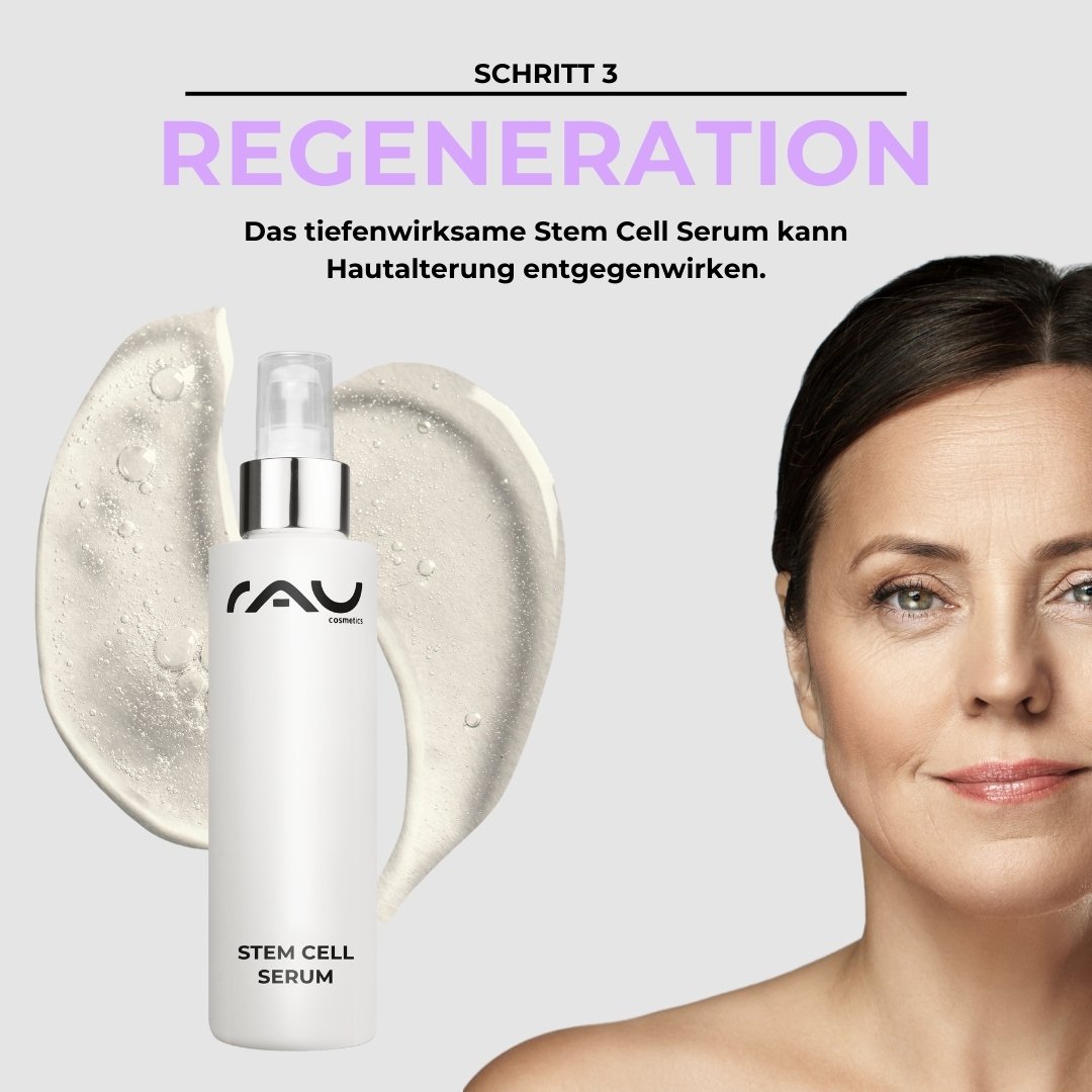 Stem Cell Serum de RAU Cosmetics pour l'anti-âge, spécialement pour les femmes à la peau mature, avec un accent sur la régénération et l'efficacité du soin cutané.