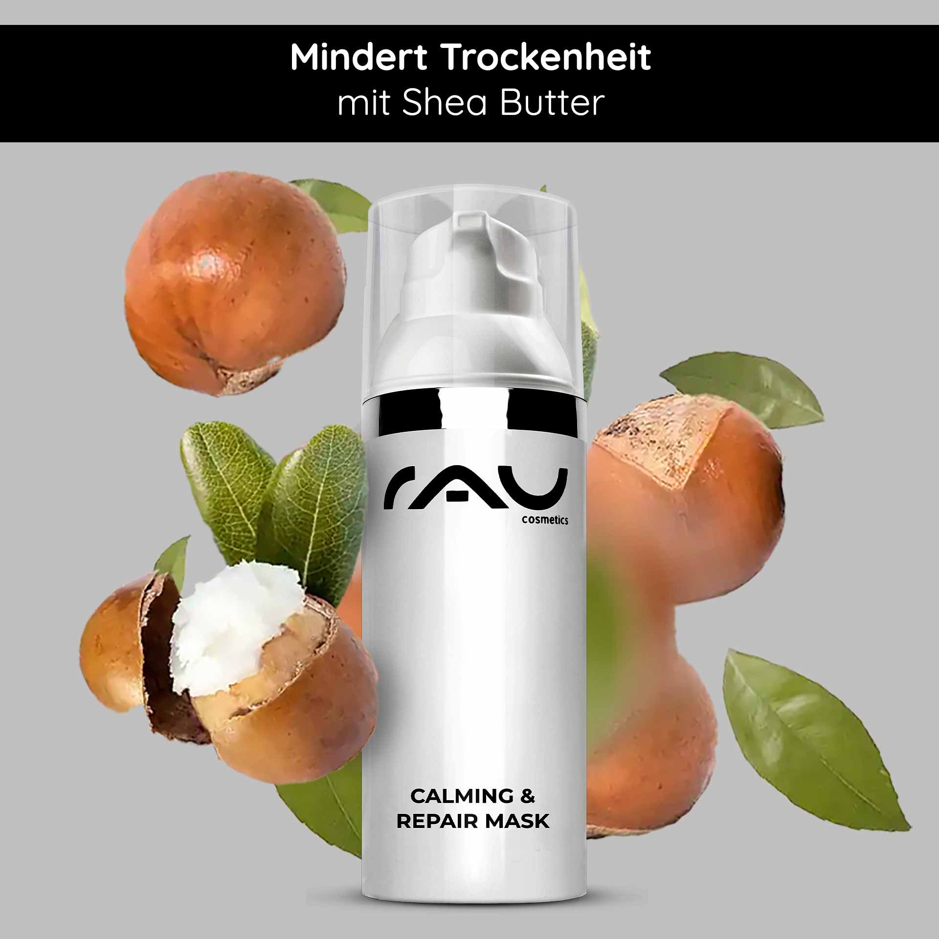 Calming & Repair Mask de RAU Cosmetics au beurre de karité, entouré de noisettes et de beurre de karité, souligne l'hydratation et les propriétés apaisantes pour les peaux sèches.