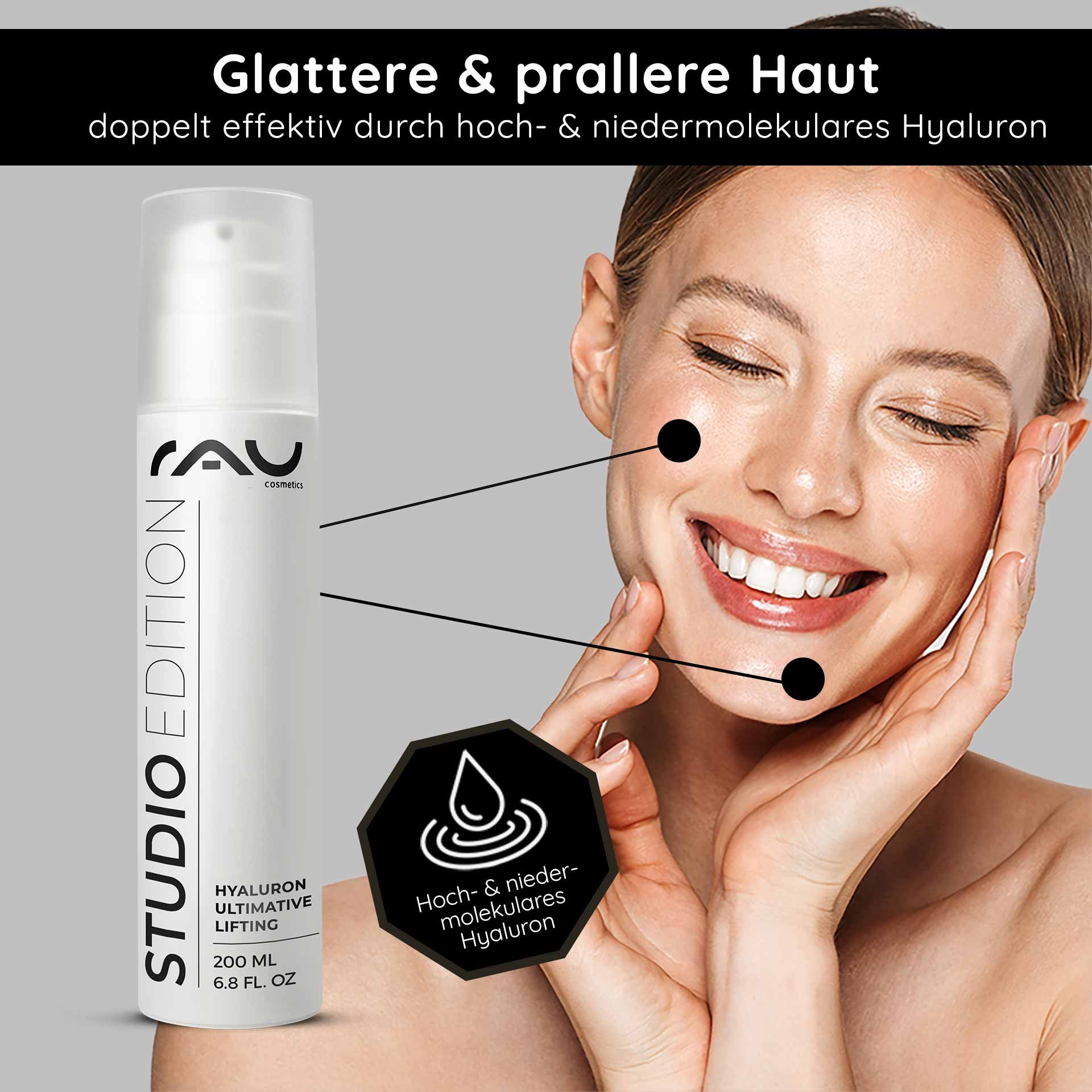 Hyaluron Ultimative Lifting Gel de RAU Cosmetics dans un flacon blanc, montré sur un fond avec une femme soulignant sa peau lisse et repulpée, avec du texte sur les bienfaits de l'hyaluron de haut et bas poids moléculaire.
