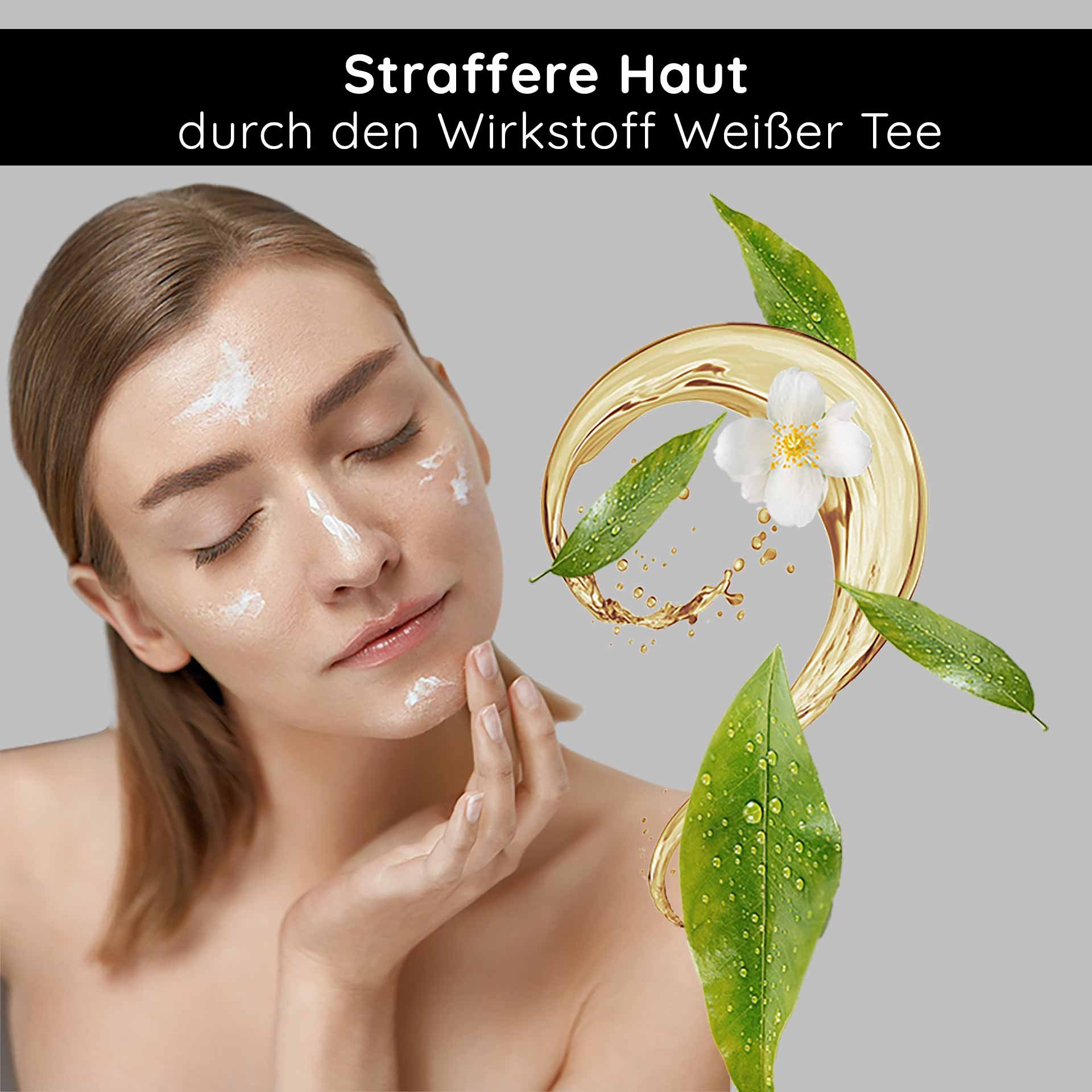 Ingrédient Thé Blanc : Illustration de fleurs et feuilles de thé représentant l'effet raffermissant de la crème.