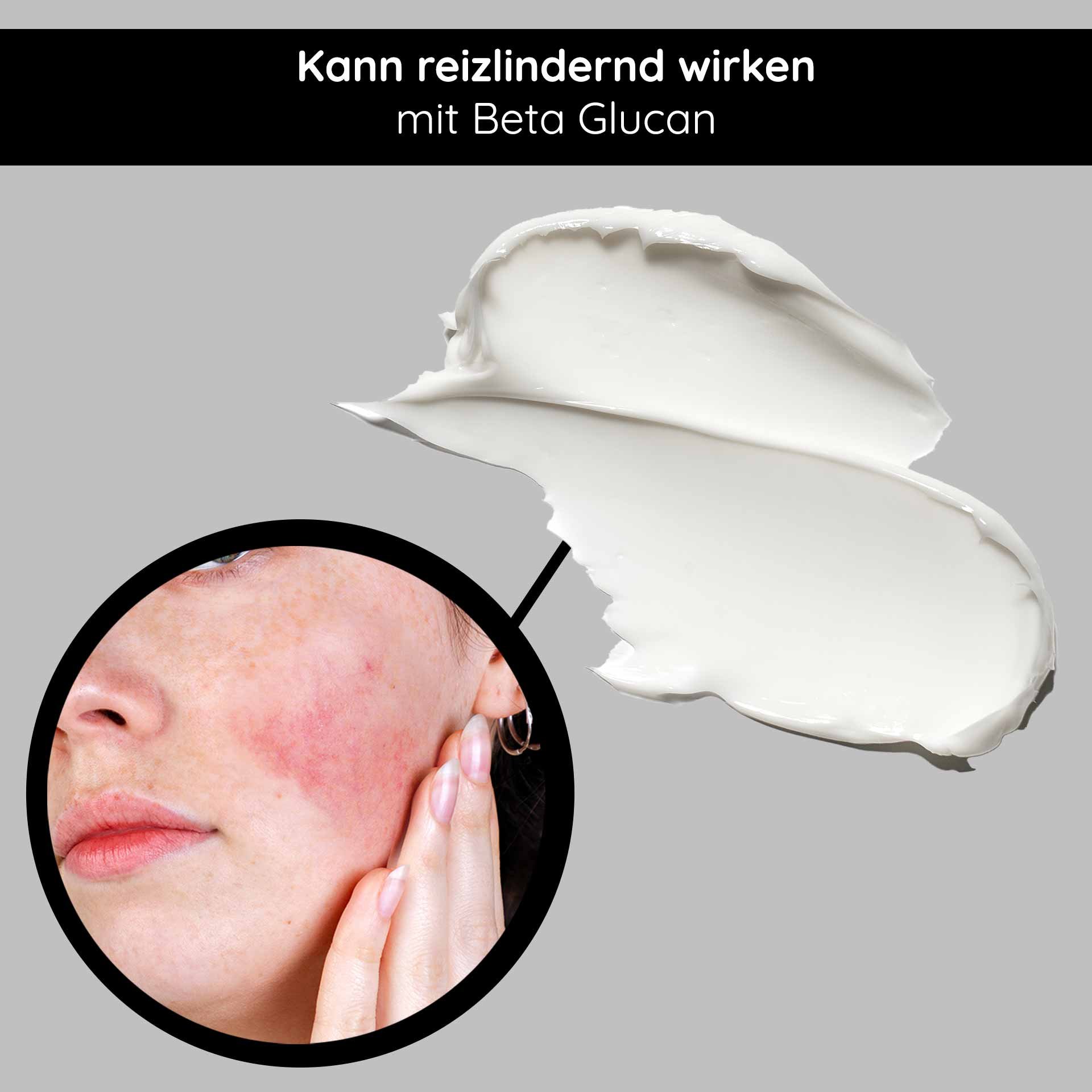 Gesichtsmaske mit Beta Glucan, Anwendung zur Linderung von Hautirritationen, Nahaufnahme einer Person mit gereizter Haut und Creme.