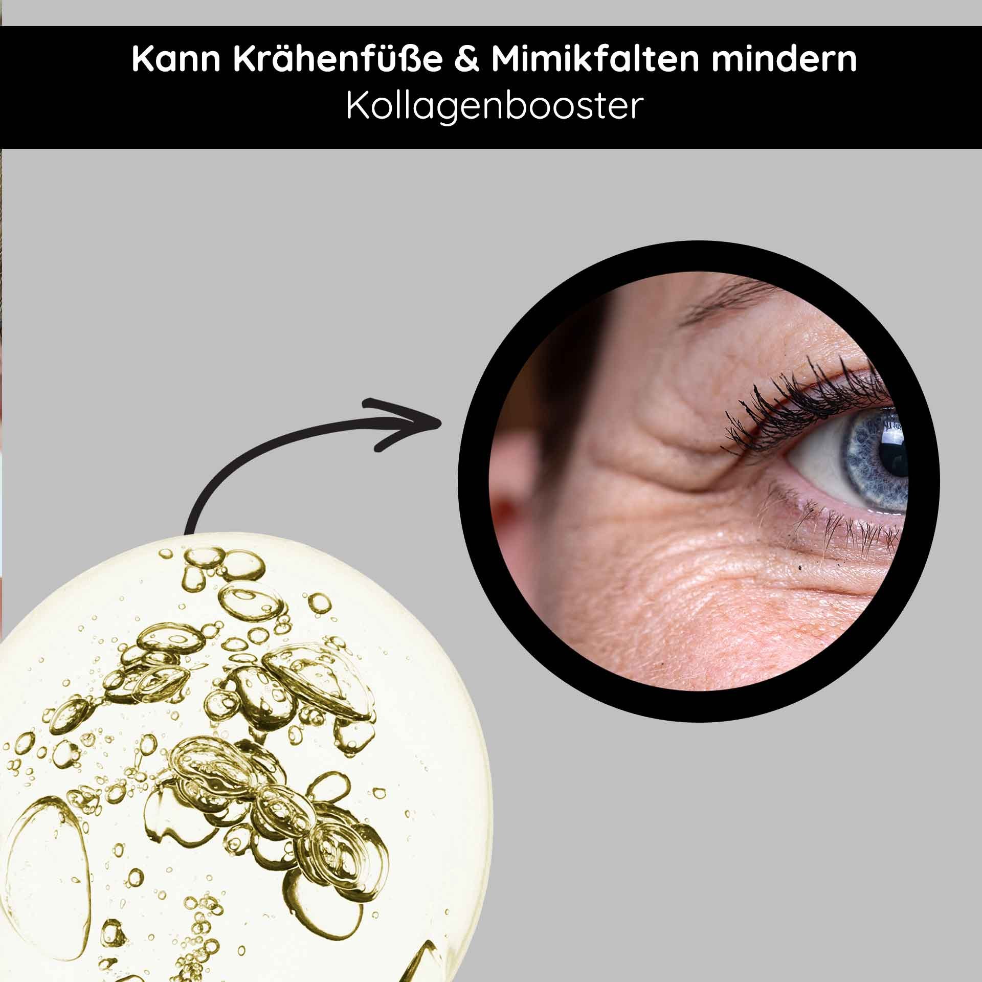 Kollagenbooster-Produktillustration mit Ölbläschen und Nahaufnahme eines Auges, das Falten zeigt, zur Bewerbung der Reduktion von Krähenfüßen und Mimikfalten.