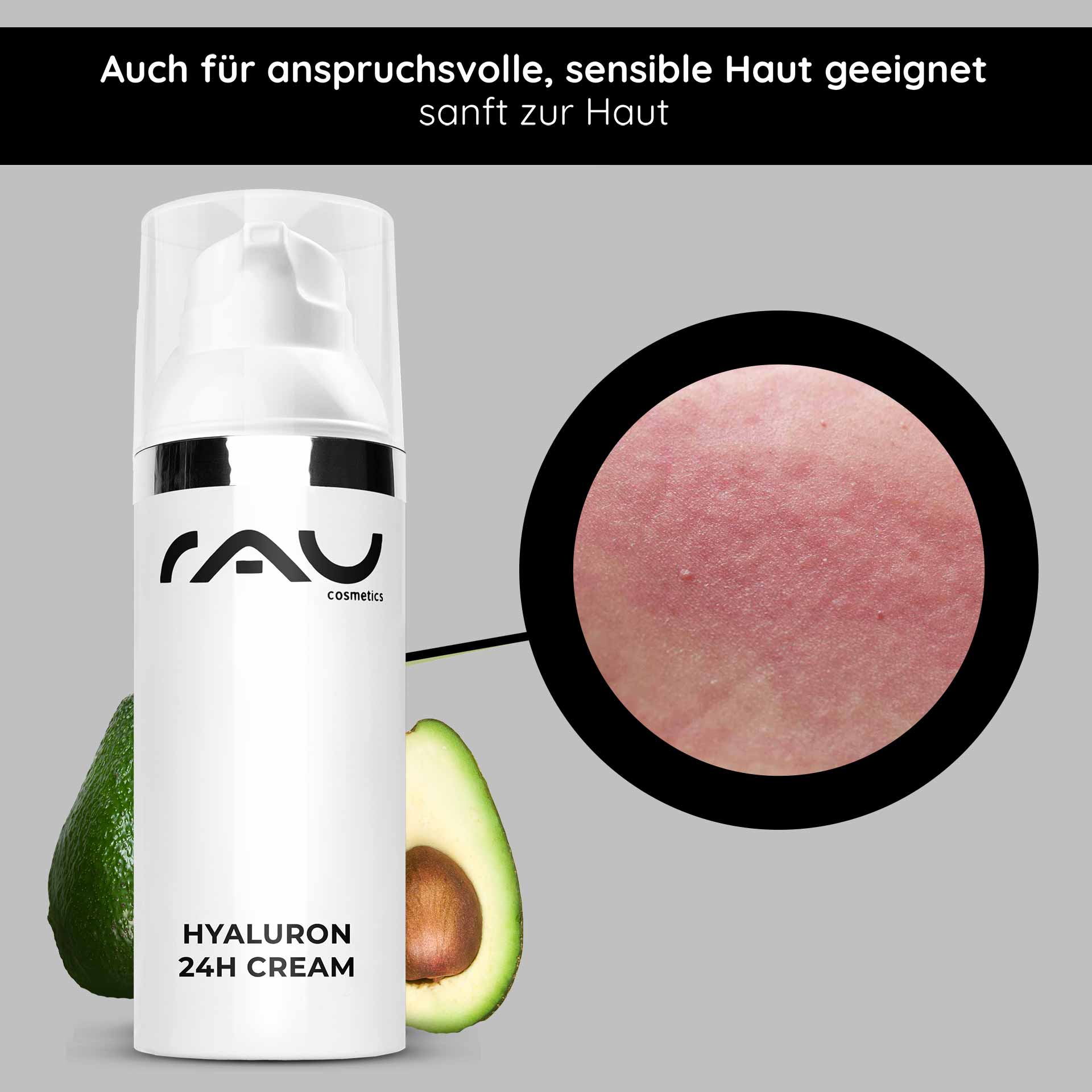 Crème Hyaluron 24h 50 ml Crème de soin Hyaluron Verpackung der RAU Cosmetics Hyaluron 24h Cream mit Avocado, die die Eignung für empfindliche Haut und die feuchtigkeitsspendende Wirkung hervorhebt.