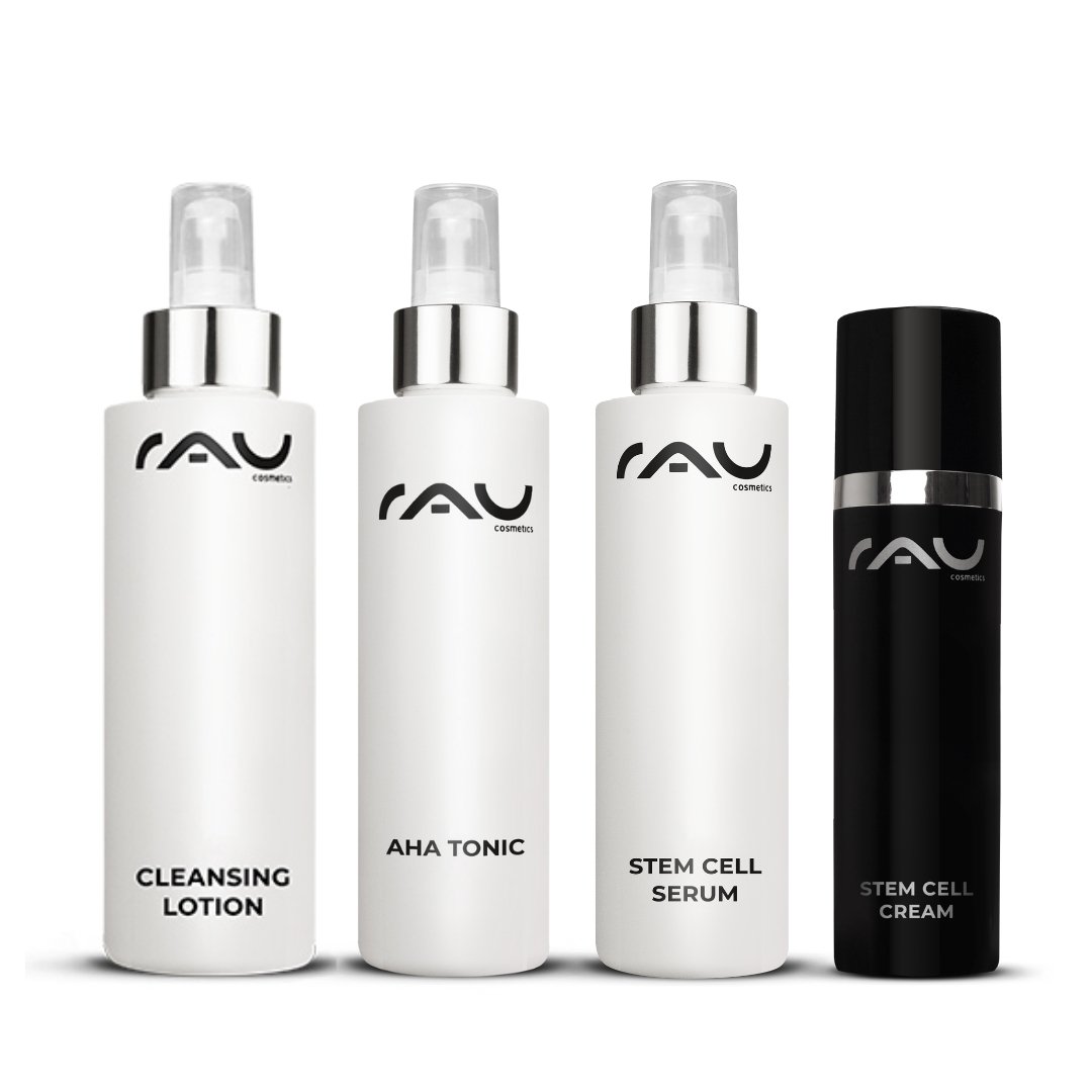 Routine de soins avancée RAU Cosmetics pour peaux matures, composée de la Cleansing Lotion, de l'AHA Tonic, du Stem Cell Serum et de la Stem Cell Cream, sur fond blanc.