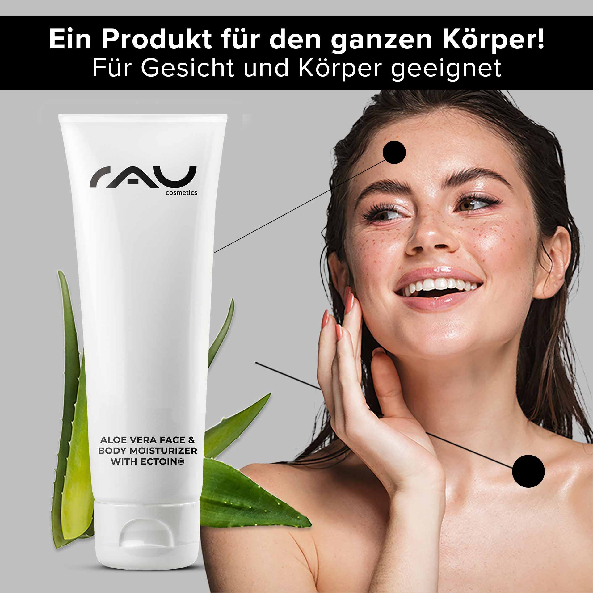 Hydratant visage et corps à l'aloe vera et à l'ectoïne® 75 ml Aloe Vera-Feuchtigkeitscreme für Gesicht und Körper mit Ectoin®-Tube neben einer lächelnden Frau, die Feuchtigkeitscreme auf ihr Gesicht aufträgt und die Vorteile der Feuchtigkeitsversorgung für alle Hauttypen hervorhebt.