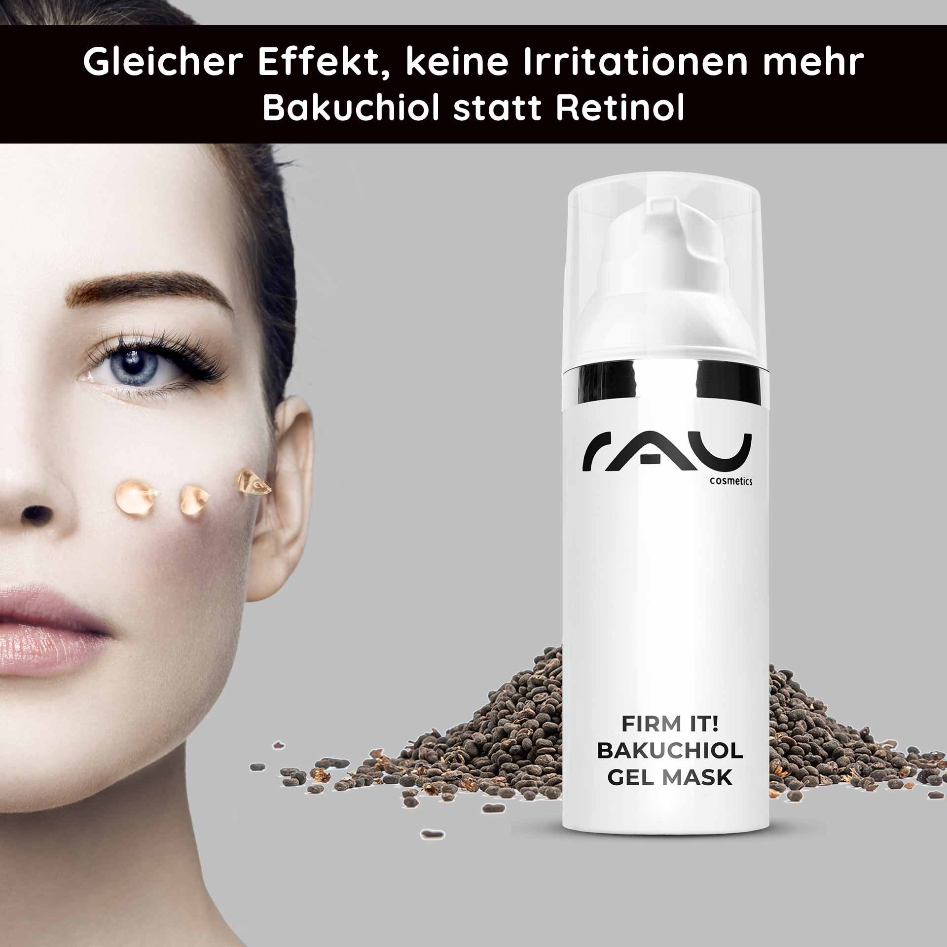 Femme avec un masque gel au bakuchiol sur la joue, logo RAU Cosmetics, graines sur fond gris, propriétés anti-âge et hydratantes.