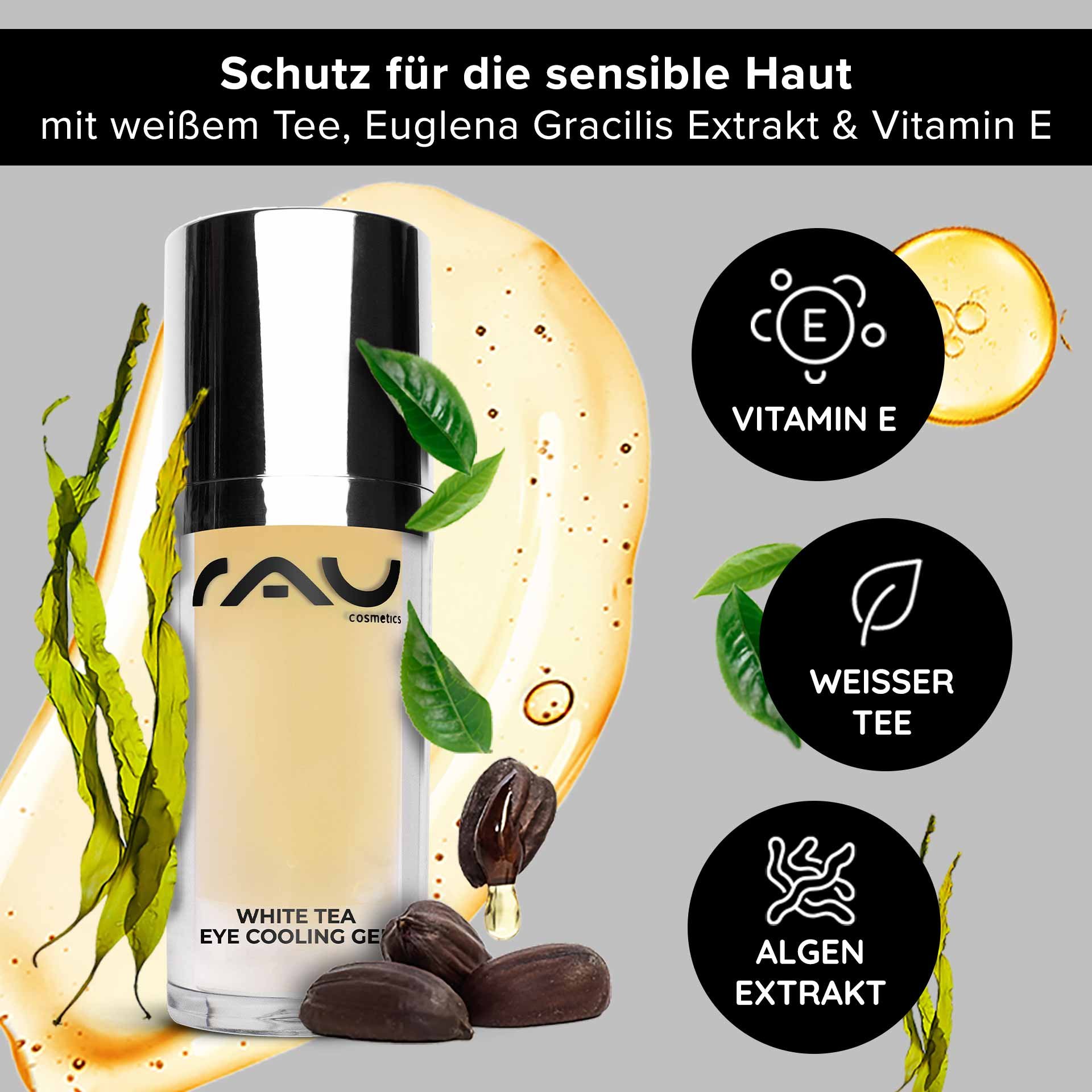 White Tea Eye Cooling Gel de RAU Cosmetics au thé blanc, extrait d'Euglena Gracilis et vitamine E, développé pour les peaux sensibles, entouré de feuilles et de gouttes soulignant l'hydratation et l'effet anti-âge.