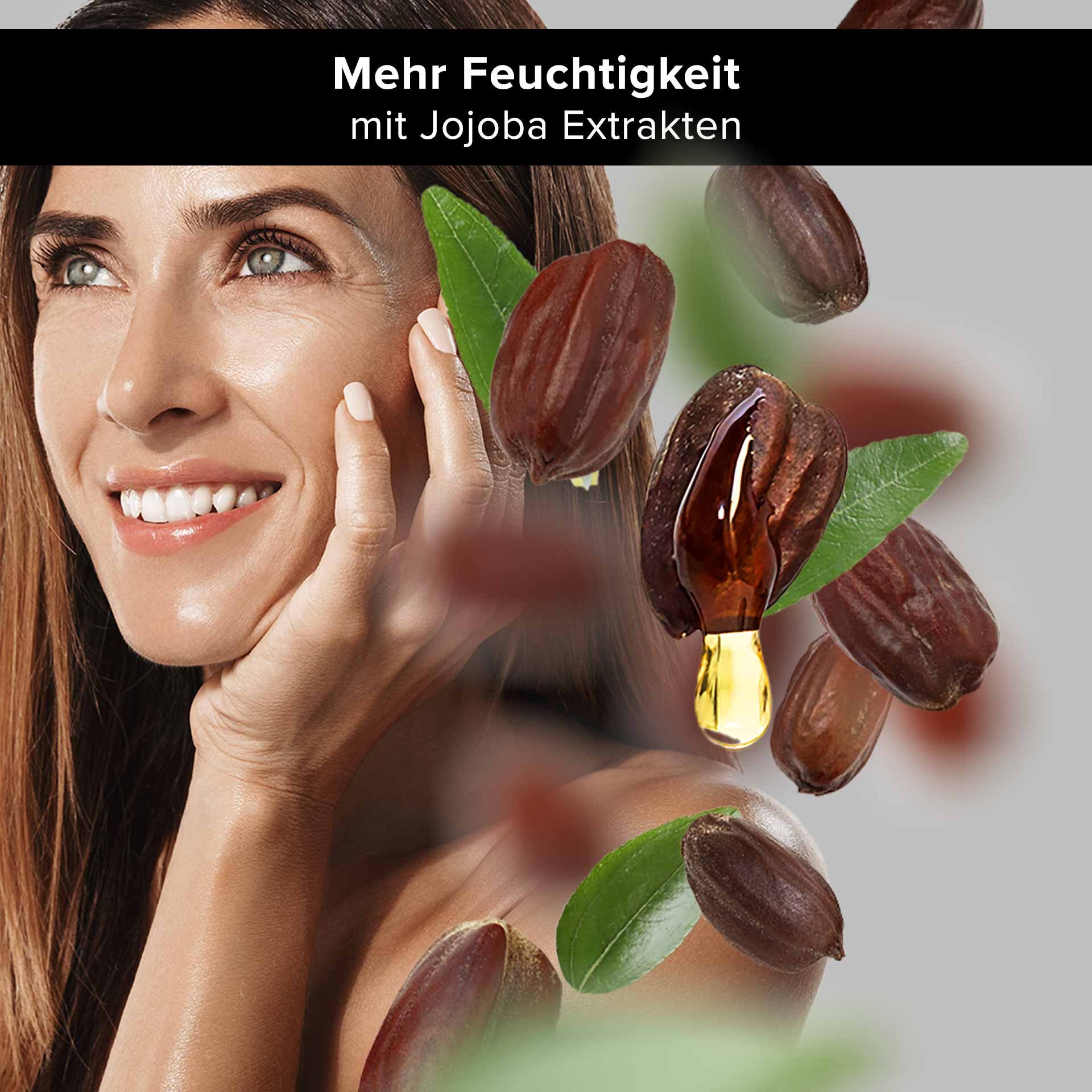 Femme au sourire éclatant appliquant des extraits de jojoba pour hydrater, entourée de graines et de feuilles de jojoba.