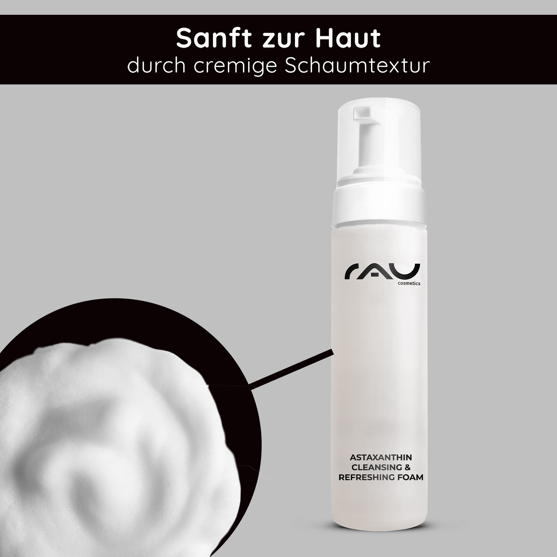 Vue détaillée de la mousse nettoyante onctueuse du RAU Astaxanthin Cleansing Foam en flacon pompe de 200 ml
