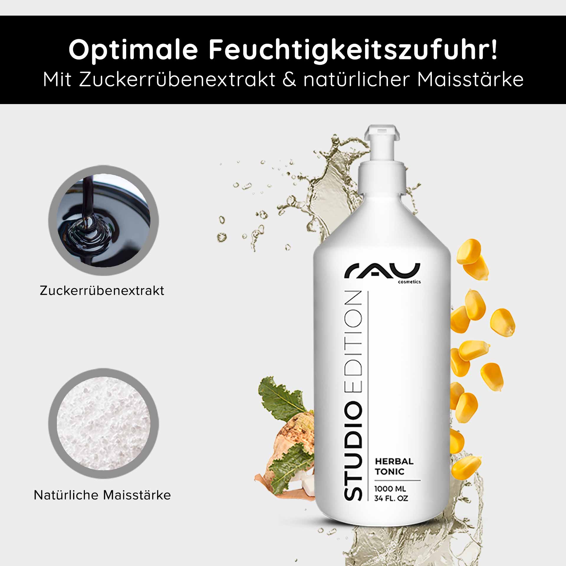 Beyond Herbal Tonic 1000 ml Gesichtswasser Natur RAU Cosmetics Herbal Tonic Flasche mit Inhaltsstoffen wie Zuckerrübenextrakt und natürlicher Maisstärke, die auf eine optimale Feuchtigkeitsversorgung für die Hautpflege Wert legen.