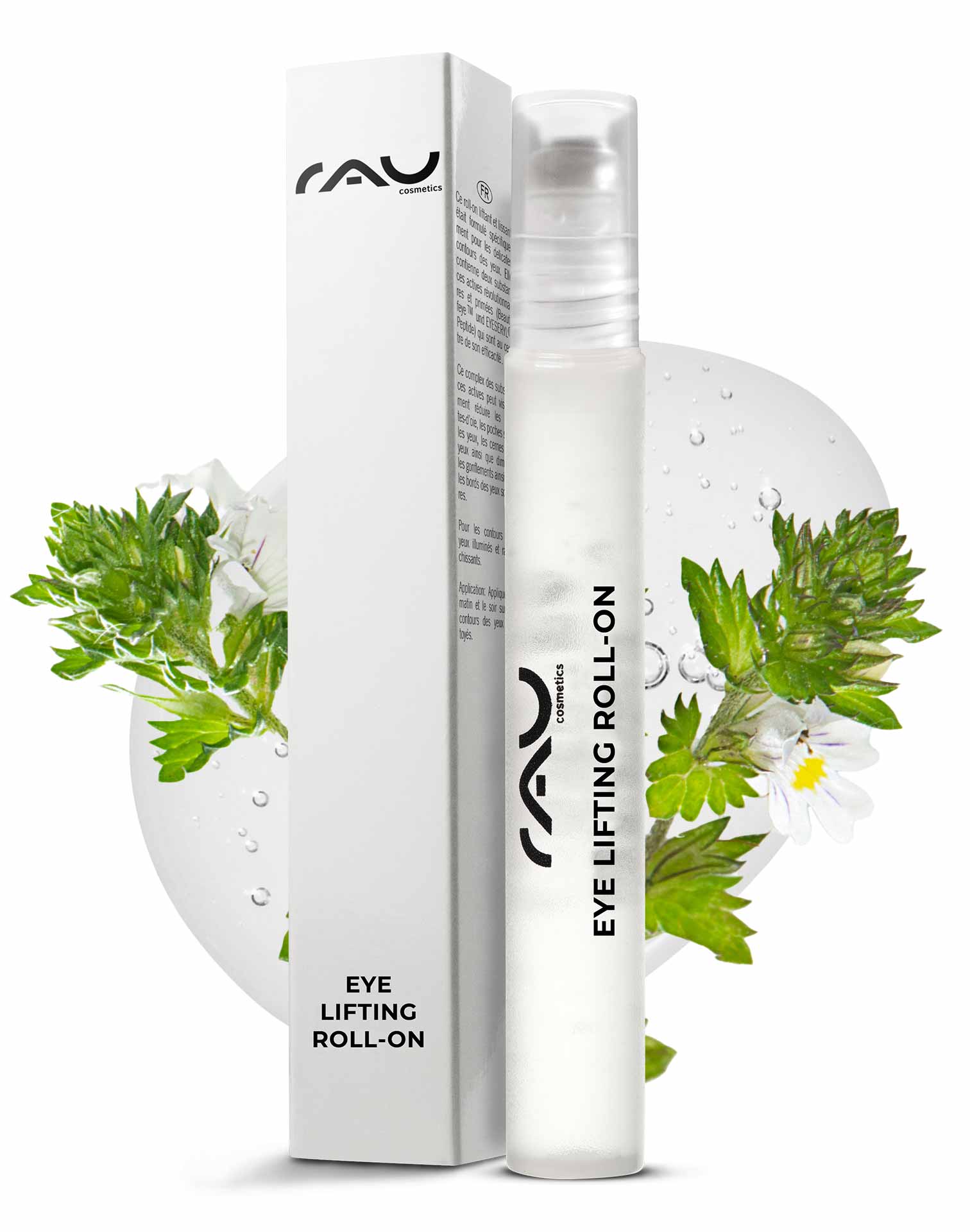 Eye Lifting Roll On 10 ml pour un contour des yeux éclatant RAU Eye Lifting Roll-On-Verpackung mit Produktetikett, mit elegantem Design und pflanzlichen Elementen, die die Anti-Aging-Vorteile für die Augenpartie hervorheben.