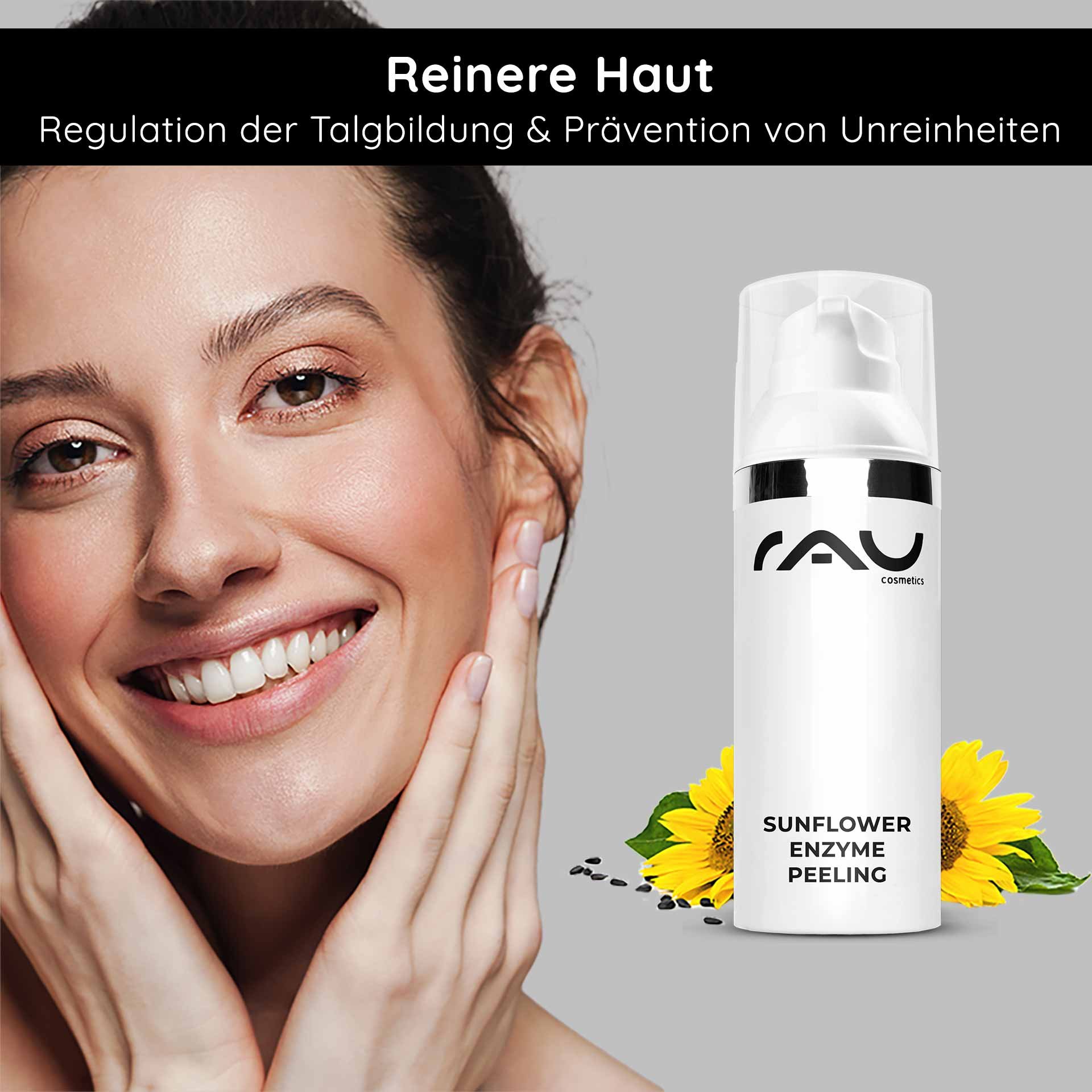 Femme au teint radieux et visage souriant tenant doucement son visage, à côté du Sunflower Enzyme Peeling de RAU Cosmetics, promu pour une peau plus nette et la régulation de la production de sébum.