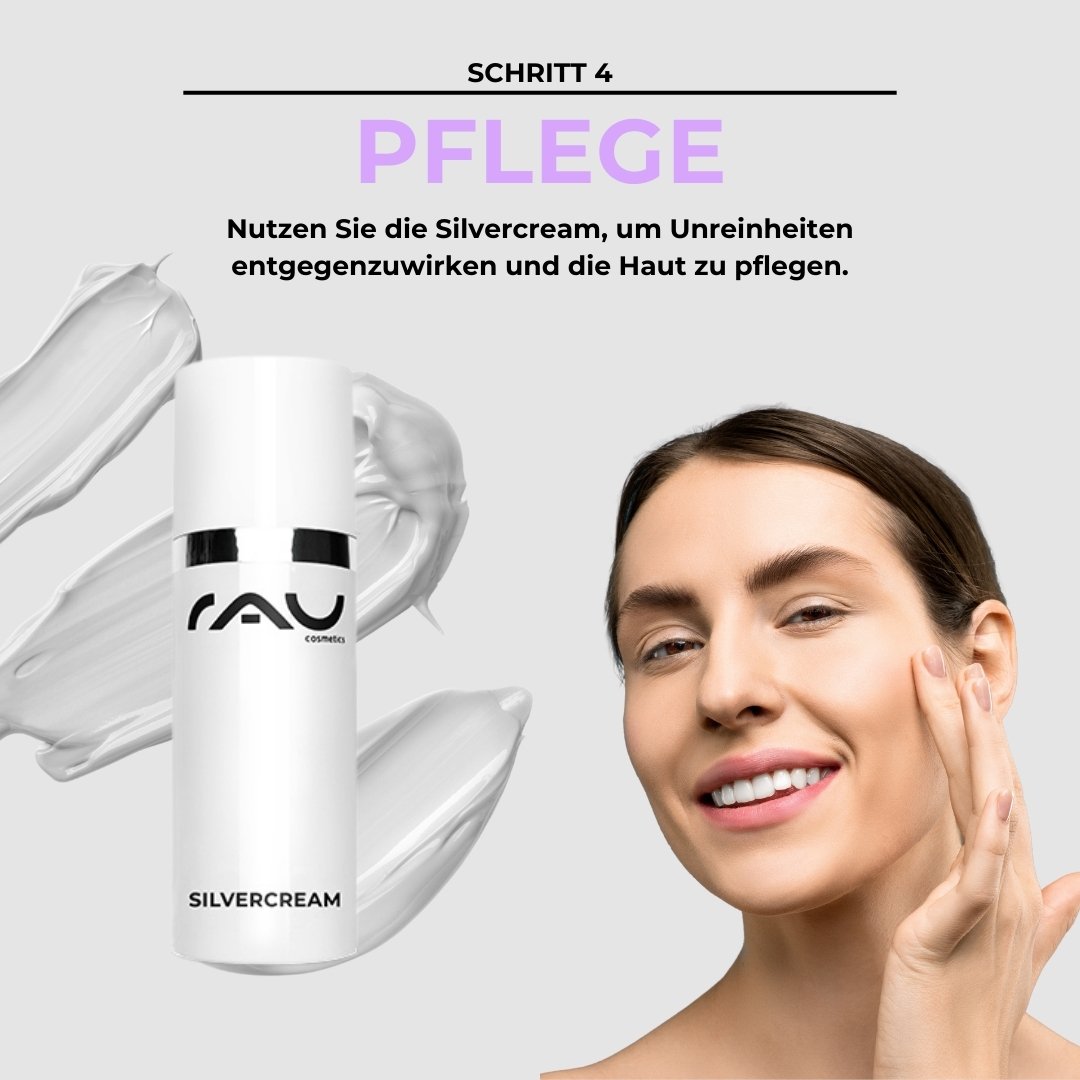 Produit de soin pour peaux impures, Silvercream de RAU avec conseil d'utilisation, femme souriante appliquant la crème.