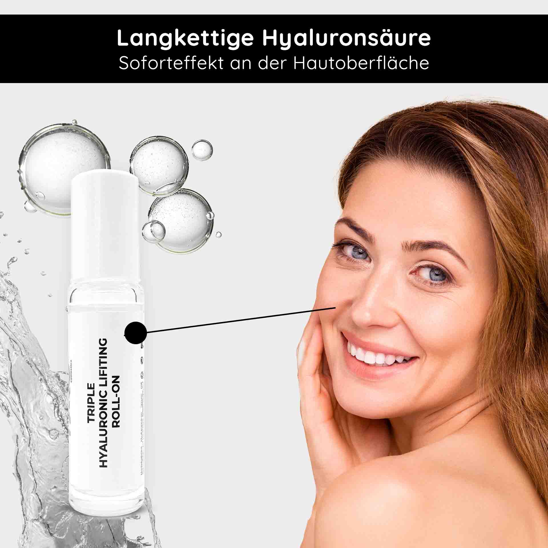 Triple Hyaluronic Serum Roll-On 10 ml avec 3 acides hyaluroniques Triple Hyaluronic Lifting Roll-On 10 ml mit Hyaluronsäure und feuchtigkeitsspendender Wirkung, lächelnde Frau, die ihr Gesicht berührt und so die Anti-Aging-Wirkung der Hautpflege fördert.