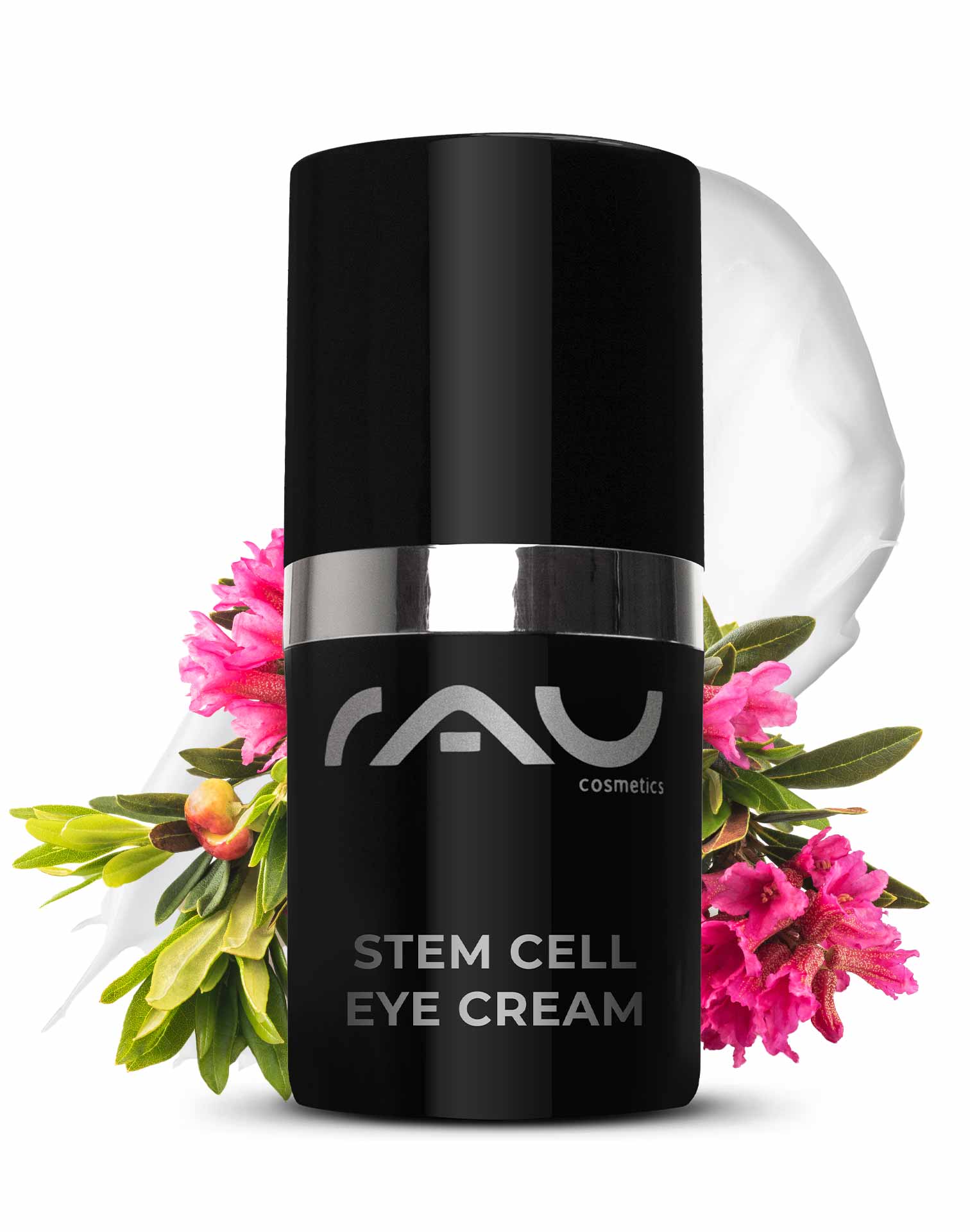 Stem Cell Eye Cream 15 ml Crème anti-âge pour les yeux RAU Stem Cell Eye Cream in eleganter schwarzer Verpackung mit silbernen Akzenten, umgeben von rosa Blumen, die die Anti-Aging-Vorteile für die empfindliche Haut um die Augen betonen.