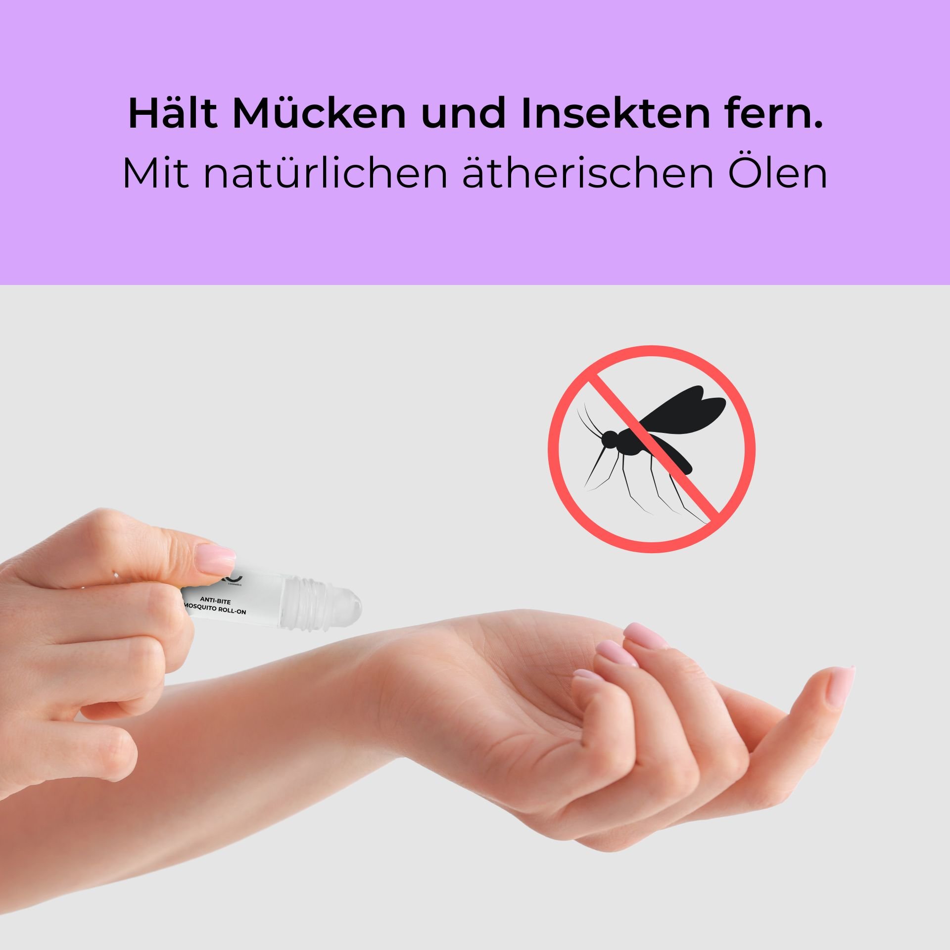 Anti-Bite-Mosquito-Roll-On pour application sur le poignet avec des huiles essentielles naturelles pour la protection contre les insectes, sans symbole de moustique en arrière-plan.