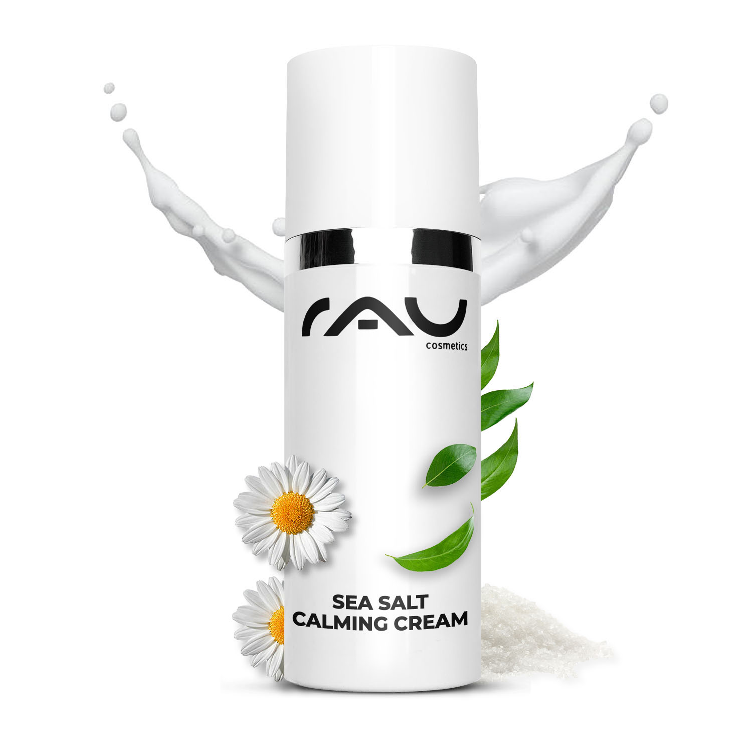 Sea Salt Calming Cream 50 ml Crème pour le visage au sel marin Flasche der RAU Sea Salt Calming Cream mit Kamillenblüten, Meersalz und grünen Blättern, die die beruhigenden und feuchtigkeitsspendenden Eigenschaften für empfindliche Haut betont.