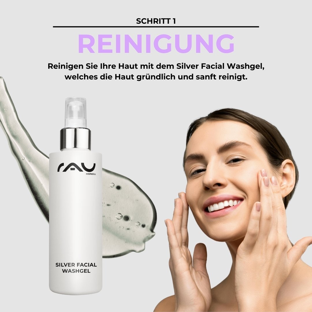Femme au visage joyeux se nettoyant la peau avec le RAU Cosmetics Silver Facial Washgel, à côté du produit dans un design moderne et un gel nettoyant doux.