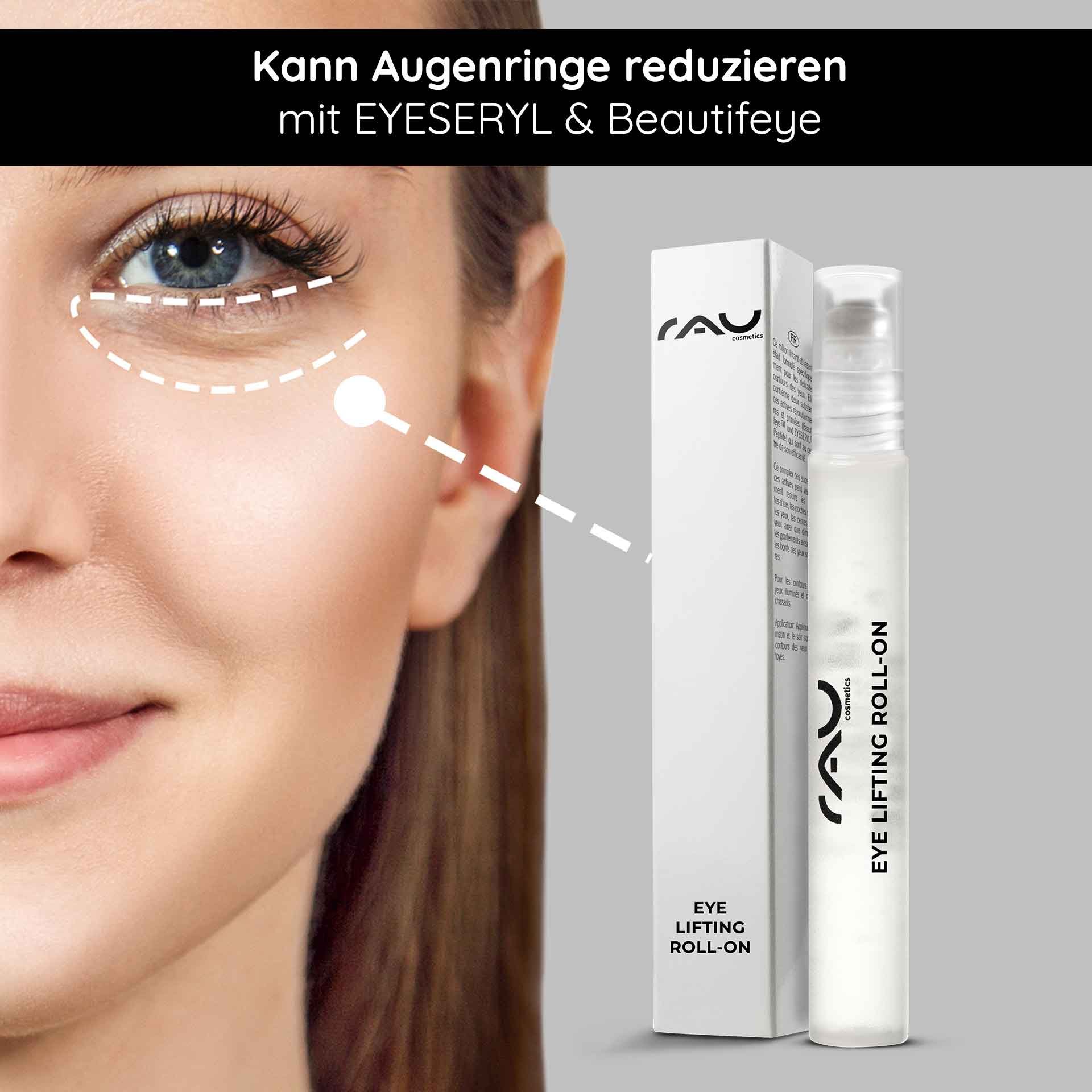 RAU Cosmetics Eye Lifting Roll-On zur Reduzierung von Augenringen und Schwellungen, mit Modell mit hervorgehobener Augenpartie und Produktverpackung.