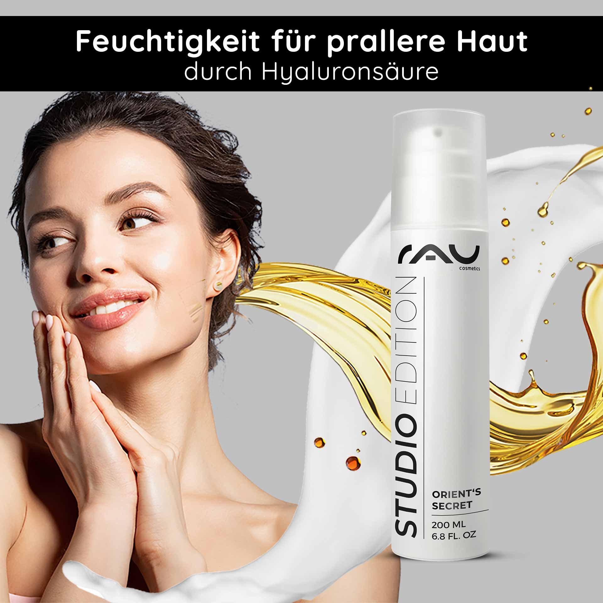 Crème visage Orient's Secret de RAU Cosmetics à l'acide hyaluronique, crème modelante à appliquer, avec éclaboussure de liquide doré, emballage de 200 ml.