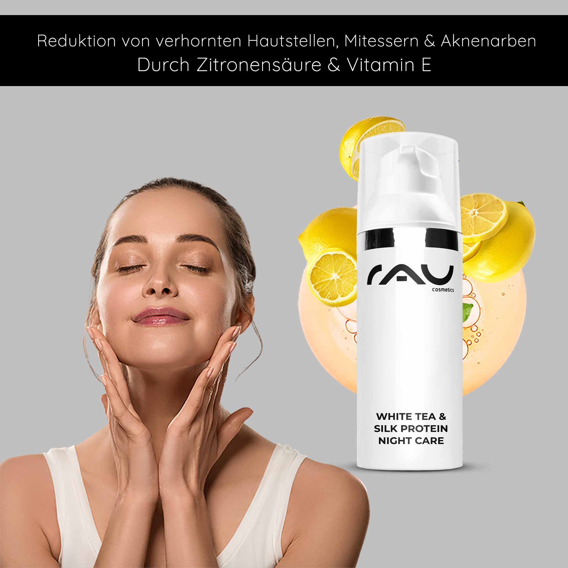 Femme aux yeux fermés et sourire doux, appliquant le soin du visage White Tea & Silk Protein Night Care de RAU Cosmetics pour favoriser le rajeunissement et l'hydratation de la peau.