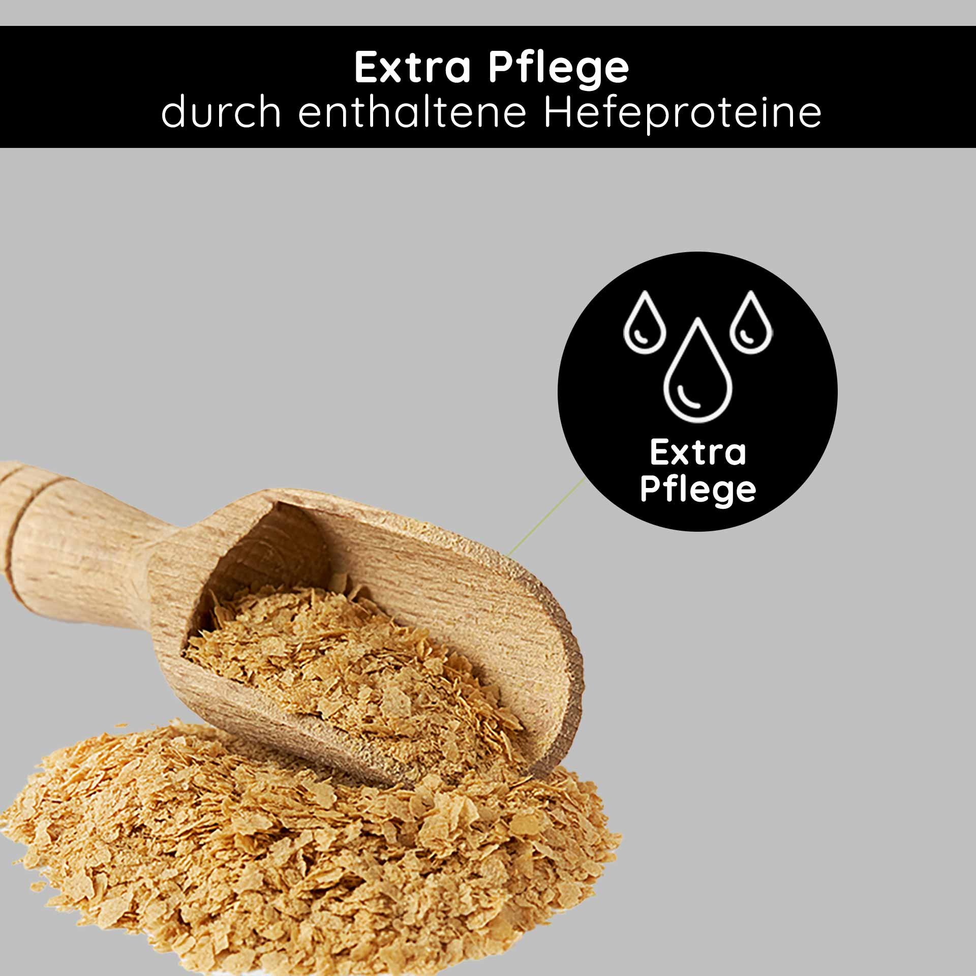 Cuillère de mesure de poudre exfoliante avec étiquette soulignant les bienfaits de soin supplémentaires des protéines de levure et mettant l'accent sur le soin doux de la peau des produits RAU Cosmetics.