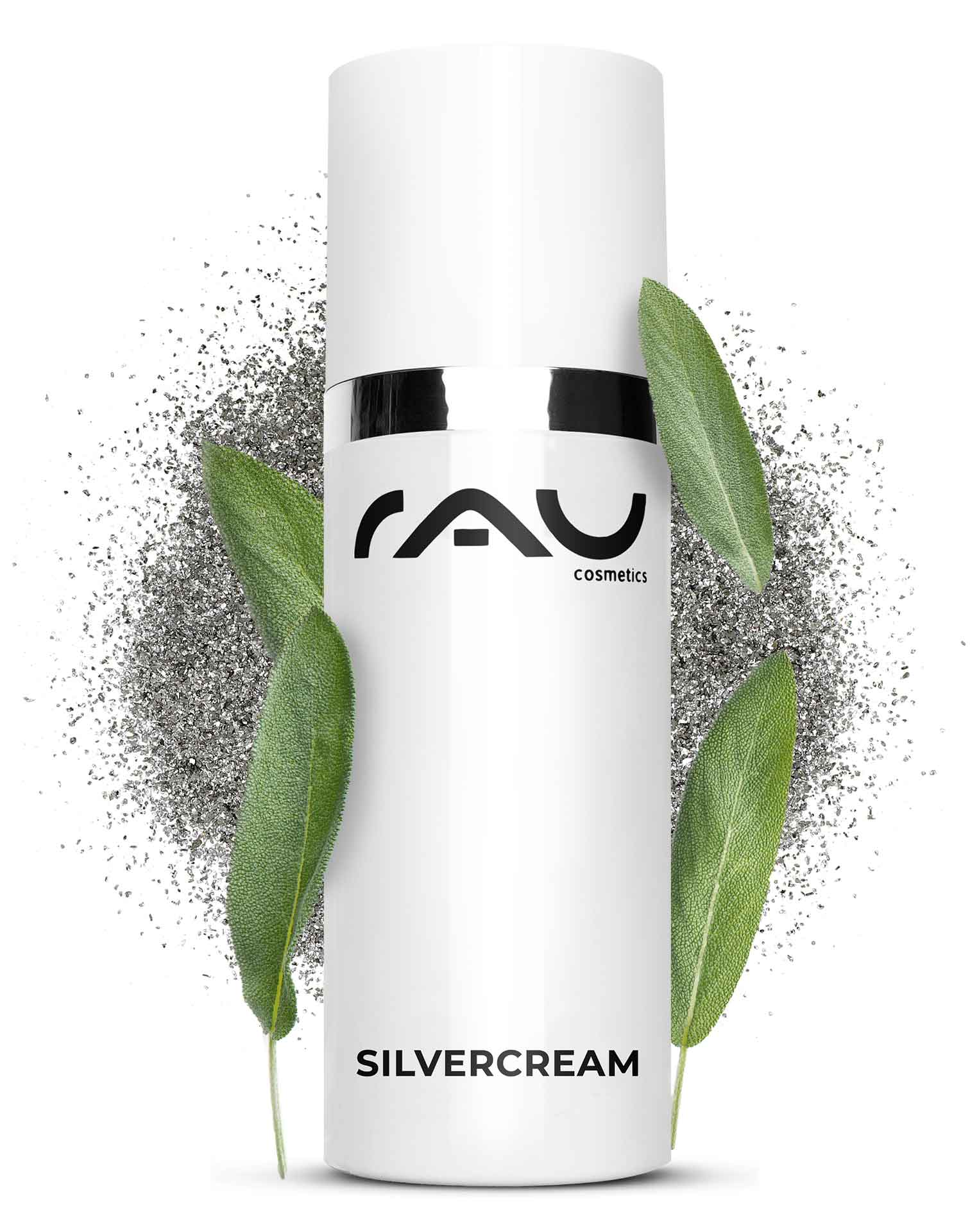 Silvercream 50 ml Crème contre les boutons en cas d'impuretés pour hommes et femmes RAU Silvercream-Verpackung mit Logo, Silberpartikeln und grünen Blättern, entwickelt für zu Akne neigende und empfindliche Haut, wobei die beruhigenden und entzündungshemmenden Eigenschaften hervorgehoben werden.