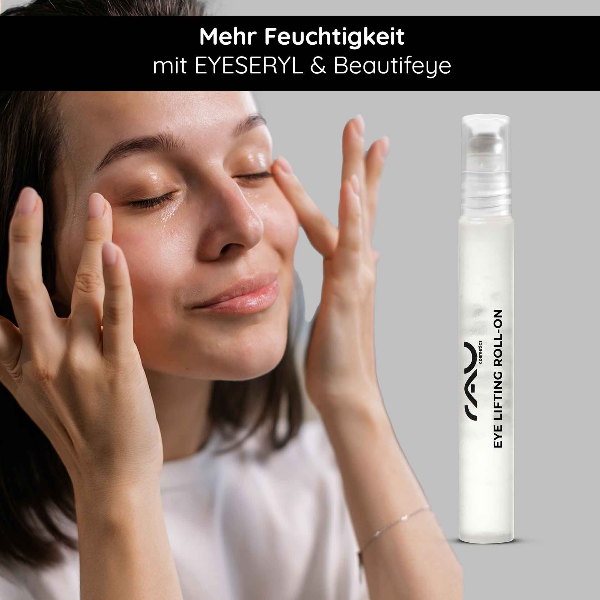 Eye Lifting Roll On 10 ml pour un contour des yeux éclatant Frau mit frischem Teint, die den RAU Cosmetics Eye Lifting Roll-On anwendet, zur Bekämpfung von Augenringen und Falten, betont durch die Inhaltsstoffe EYESERYL und Beautifeye.