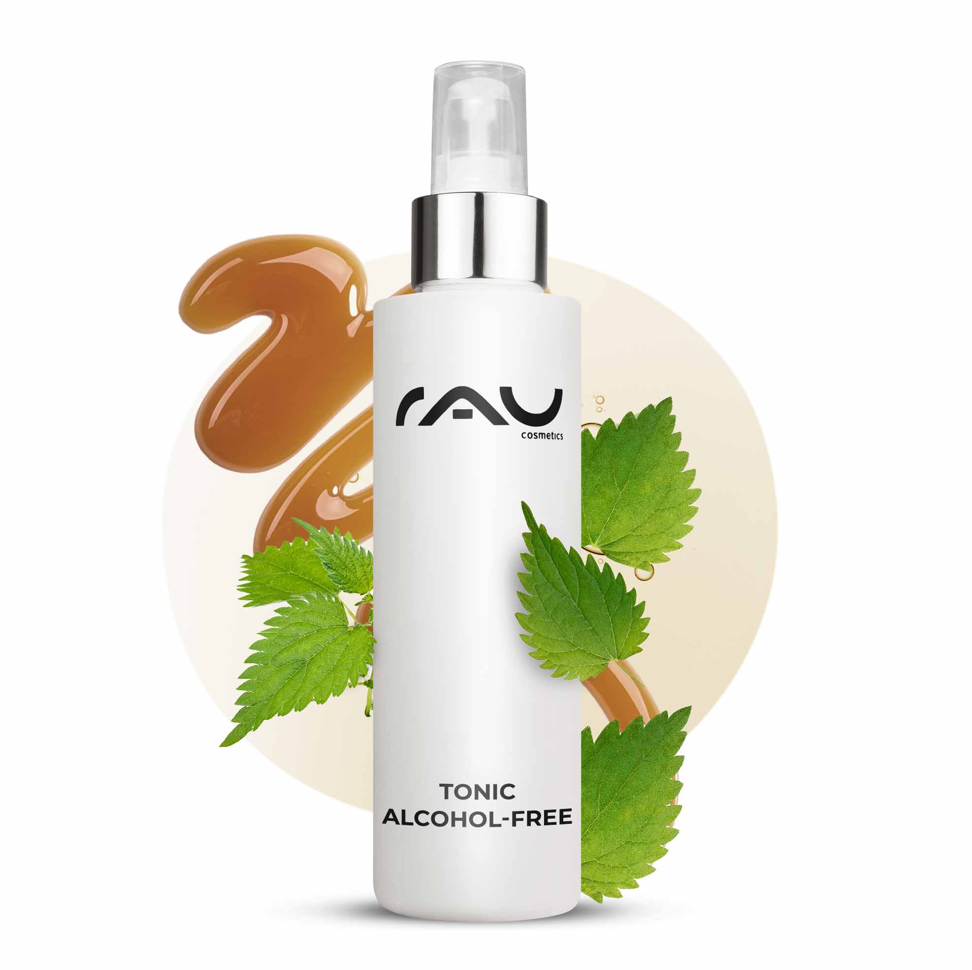 Tonique sans alcool 200 ml à l'extrait d'ortie Tonic ohne Alkohol von RAU Cosmetics in einer weißen Sprühflasche mit silberner Kappe, mit Brennnesselblättern und einem braunen Flüssigkeitswirbel, der die sanfte und effektive Hautpflege für empfindliche und trockene Haut unterstreicht.