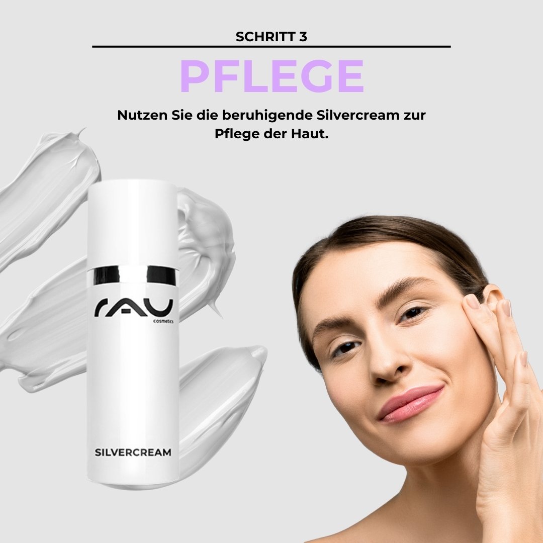 Silvercream apaisante de RAU Cosmetics pour le soin de la peau, avec conseil d'utilisation « Étape 3 », et une personne utilisant le produit.