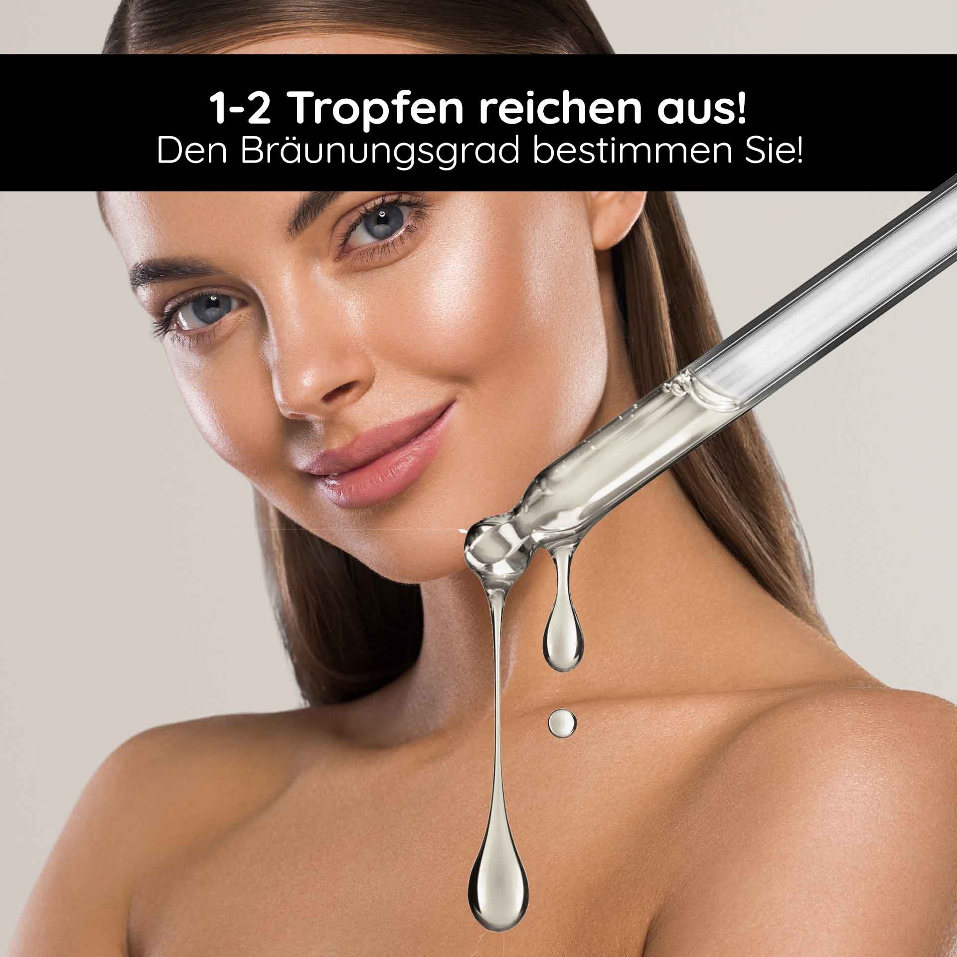 Gouttes autobronzantes naturelles sur la peau d'une femme qui peut déterminer individuellement le degré de bronzage, avec un flacon pipette délivrant des gouttes.