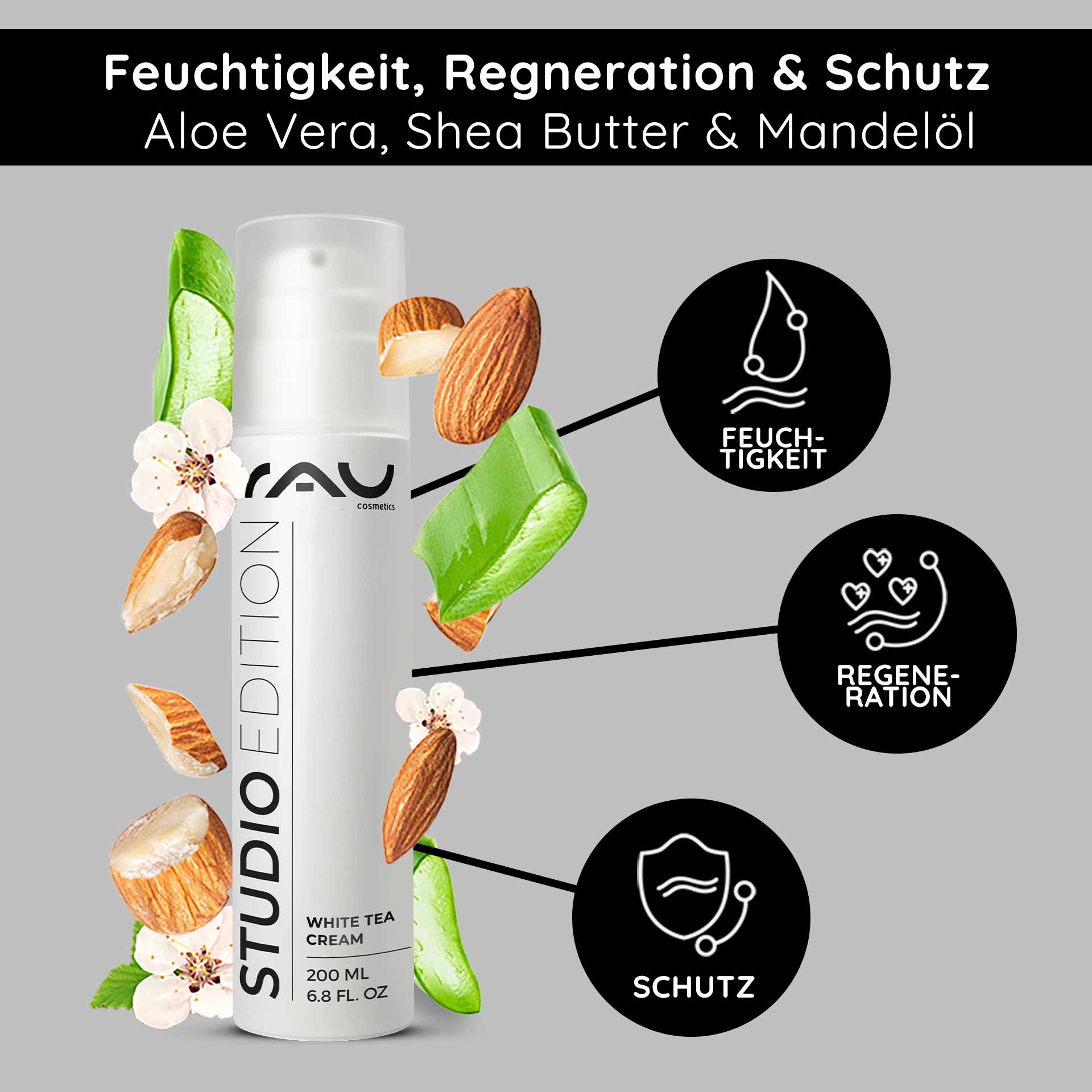 White Tea Cream 200 ml Crème anti-âge au thé blanc RAU Cosmetics White Tea Cream 200 ml, mit Aloe Vera, Sheabutter und Mandelöl, mit Schwerpunkt auf Feuchtigkeit, Regeneration und Schutz für alle Hauttypen.