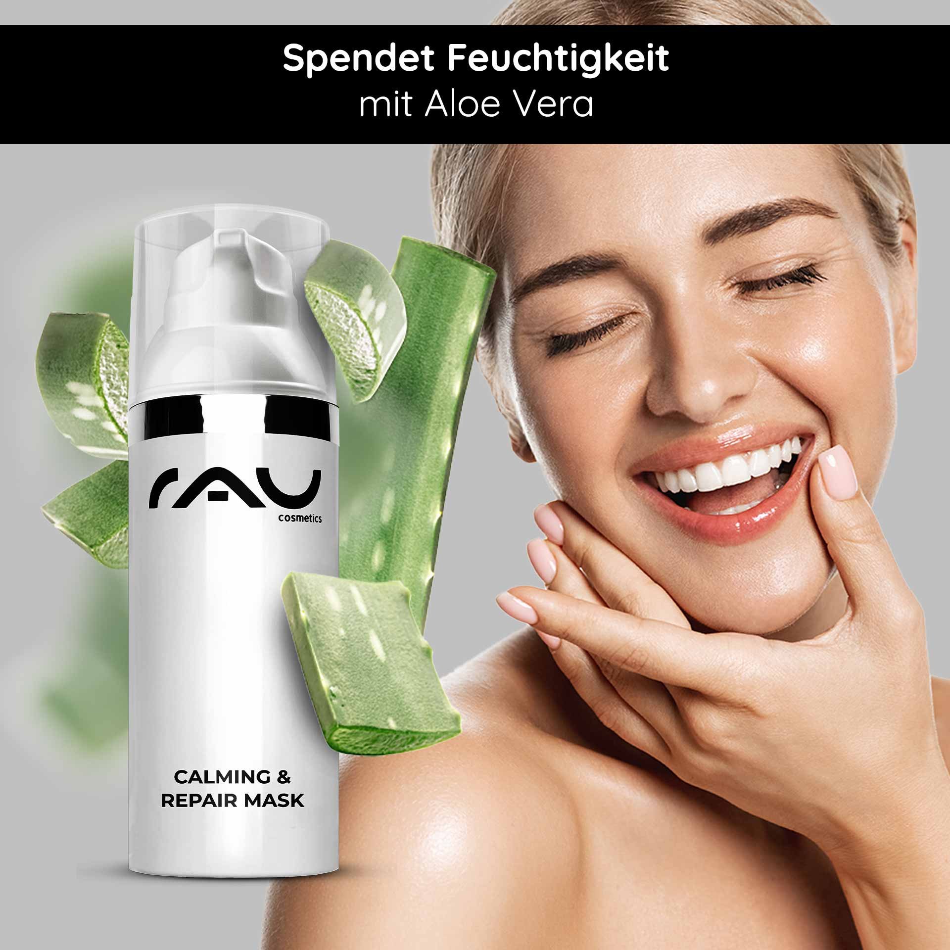 Calming & Repair Mask de RAU Cosmetics à l'aloe vera, femme souriante appliquant le produit, souligne l'effet hydratant et apaisant pour la peau.