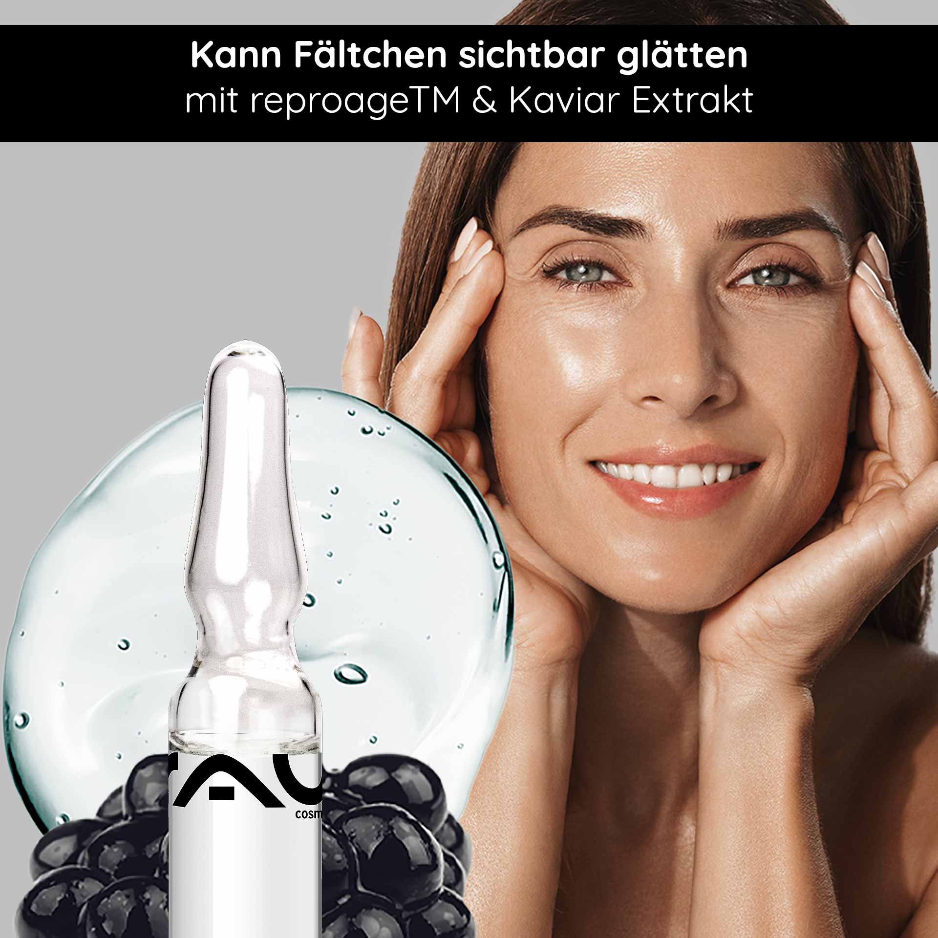 Ampoules Caviar Lifting 10x2 ml Anti-âge & Reproduction Frau mit strahlendem Gesicht und Händen an den Wangen, präsentiert RAU Caviar Lifting Ampullen, um Fältchen zu glätten, mit Kaviarextrakt und reproage™ Wirkstoffkomplex.